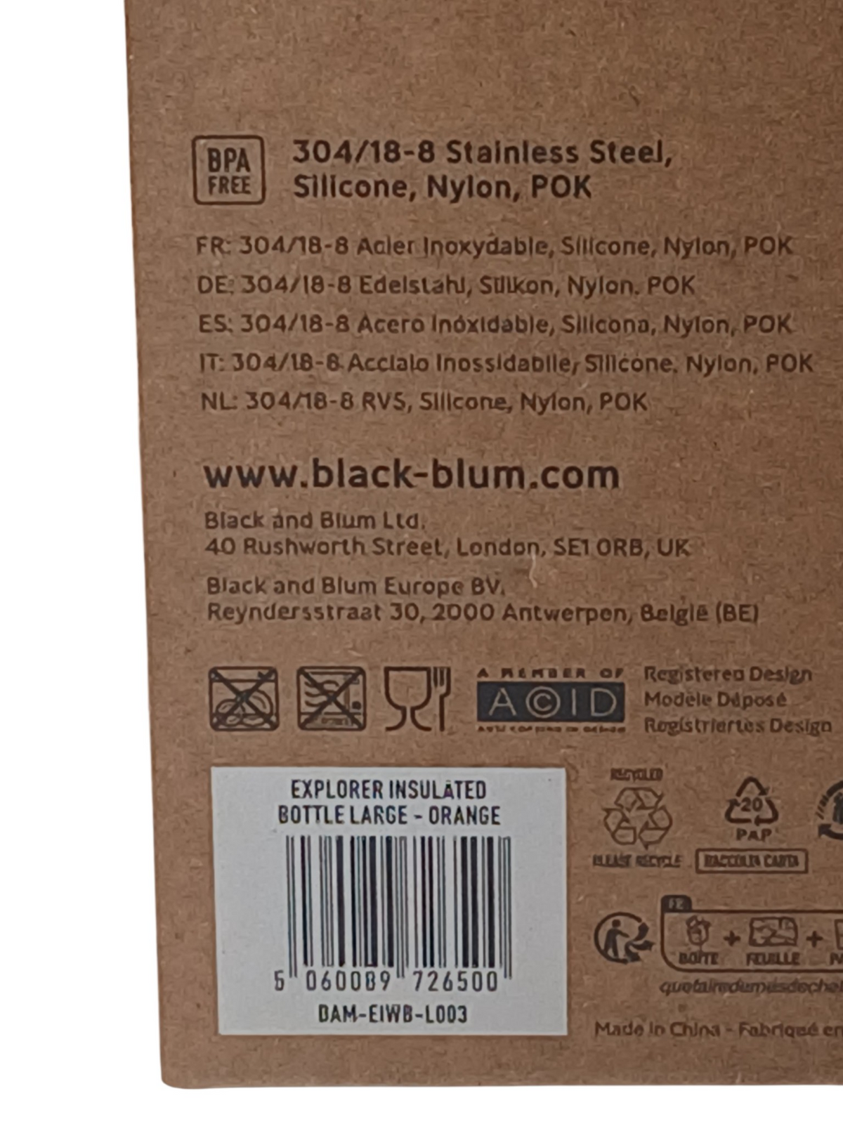 Department Store UK black+blum Explorer insulated bottle product packaging label with material and barcode details