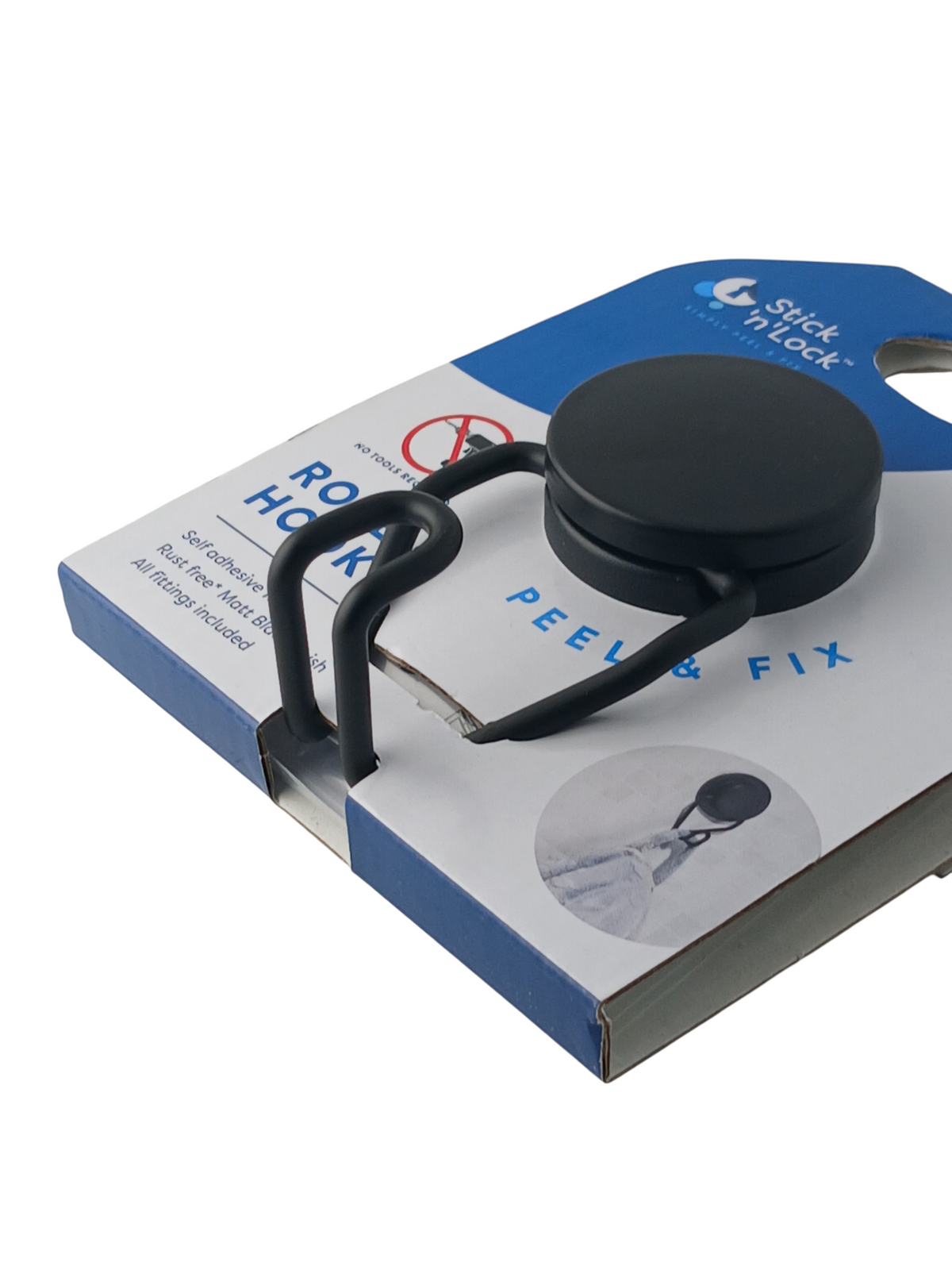 Department Store UK Croydex Stick 'n' Lock matt black robe hook in retail packaging for tool-free bathroom mounting.