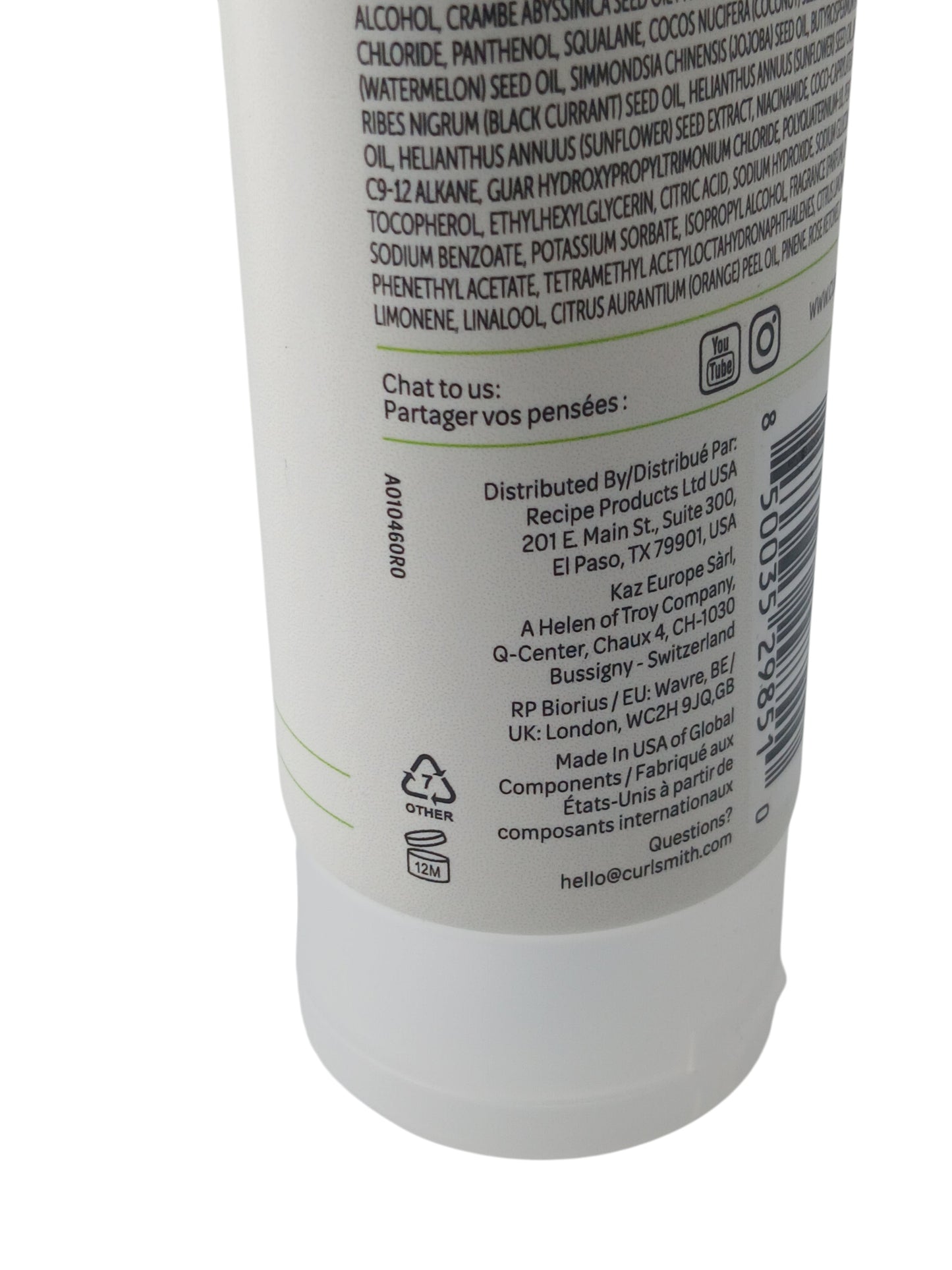 Department Store UK Curlsmith Frizz Control Conditioner bottle back label with ingredients and distribution details