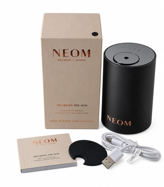Department Store UK NEOM Wellbeing Pod Mini+ waterless essential oil diffuser in matt black with accessories and box