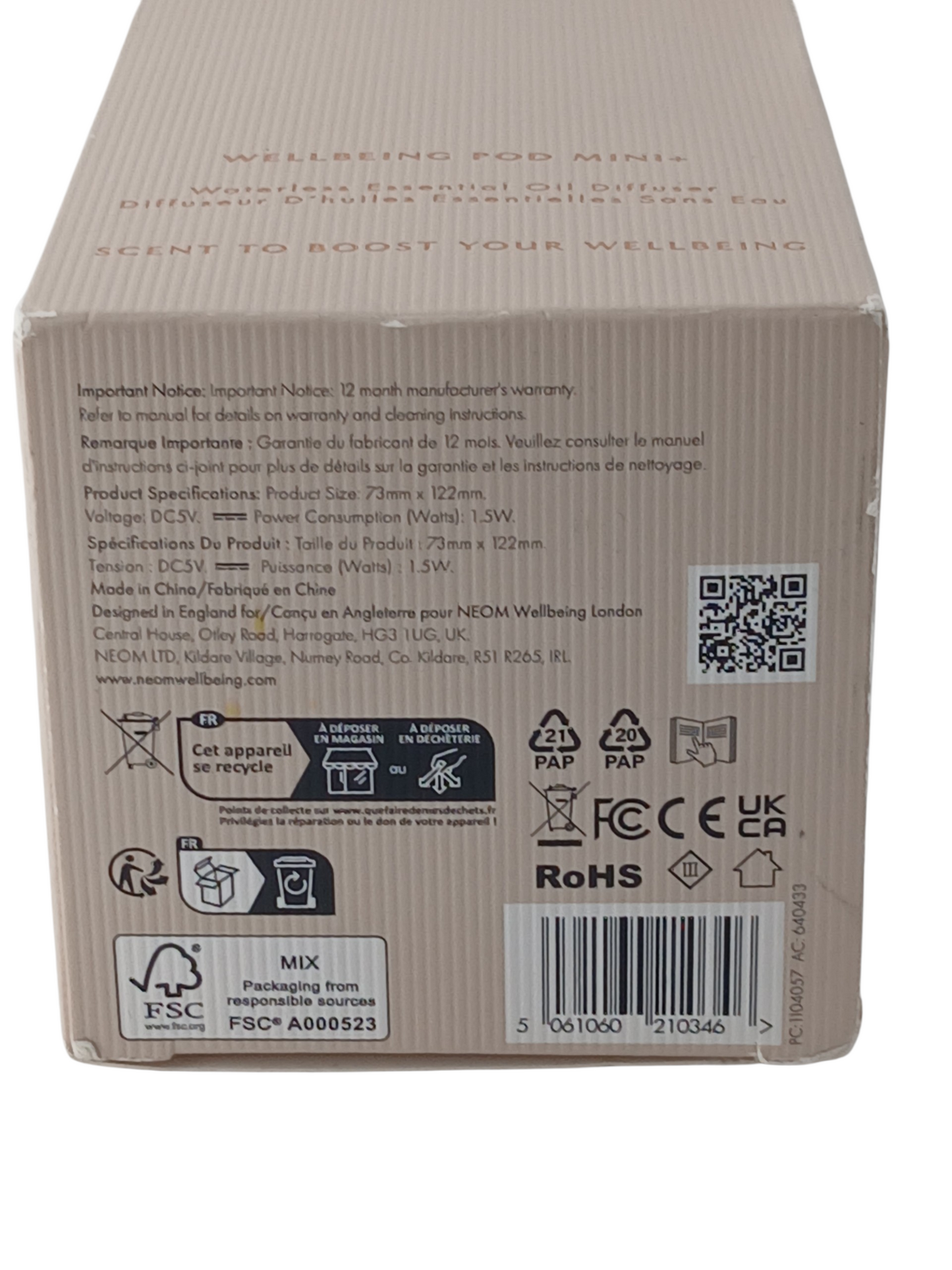 Department Store UK packaging for NEOM Wellbeing Pod Mini+ showing product specifications, recycling icons, and barcode