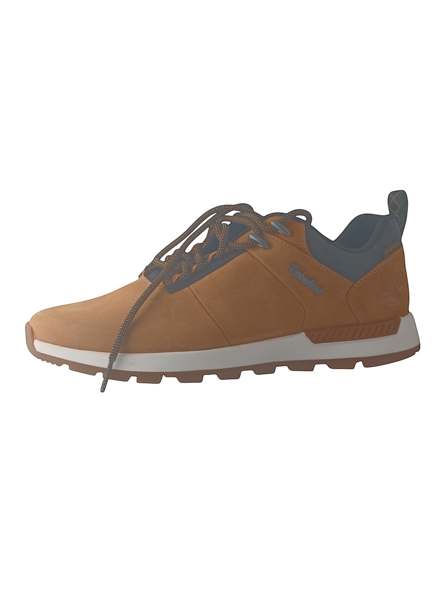Department Store UK Timberland tan nubuck leather lace-up trainers with black mesh details and white rubber sole.