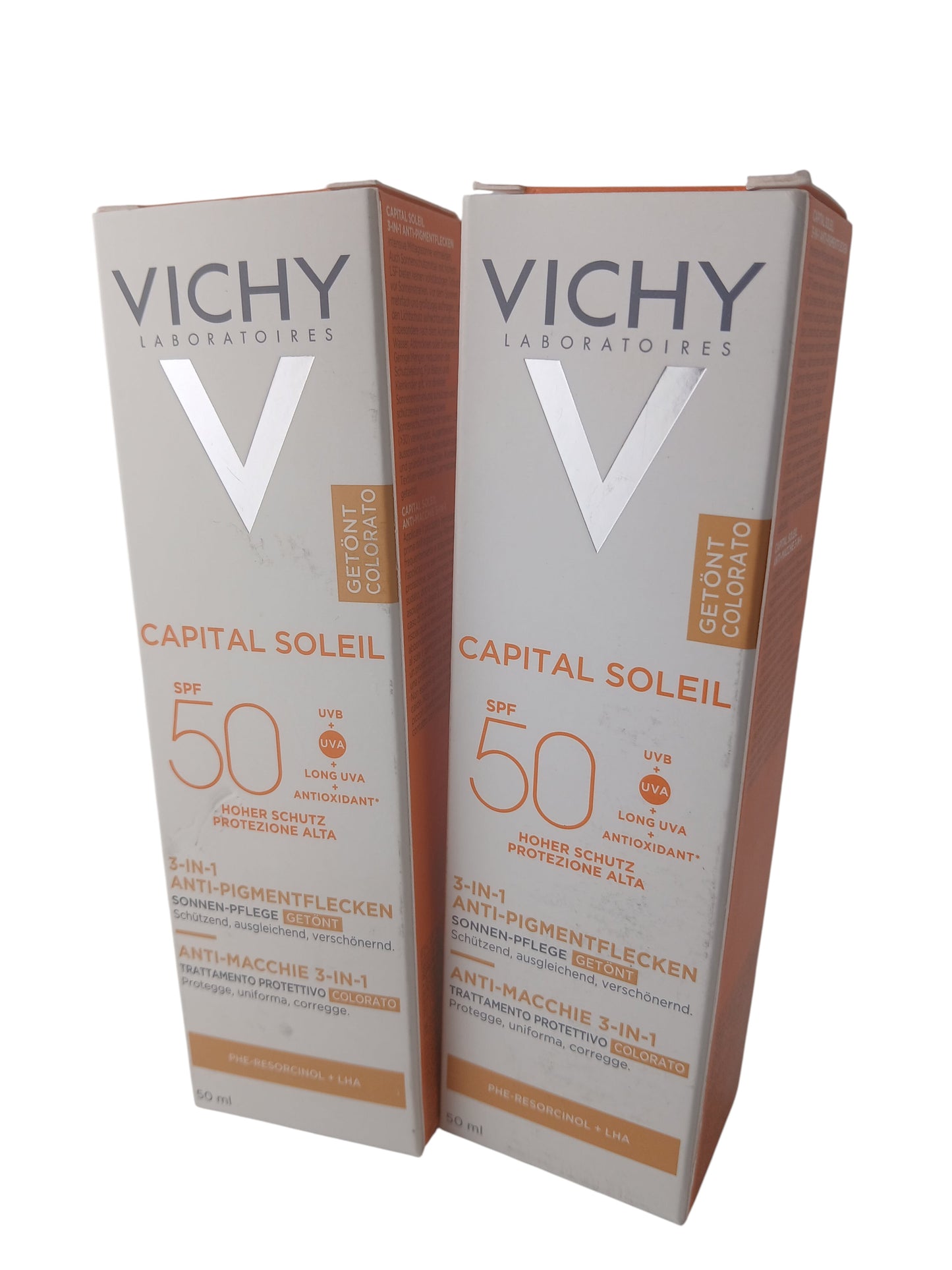 Department Store UK Vichy Capital Soleil Anti-Dark Spot 3-in-1 tinted SPF50 sunscreen twin pack boxes