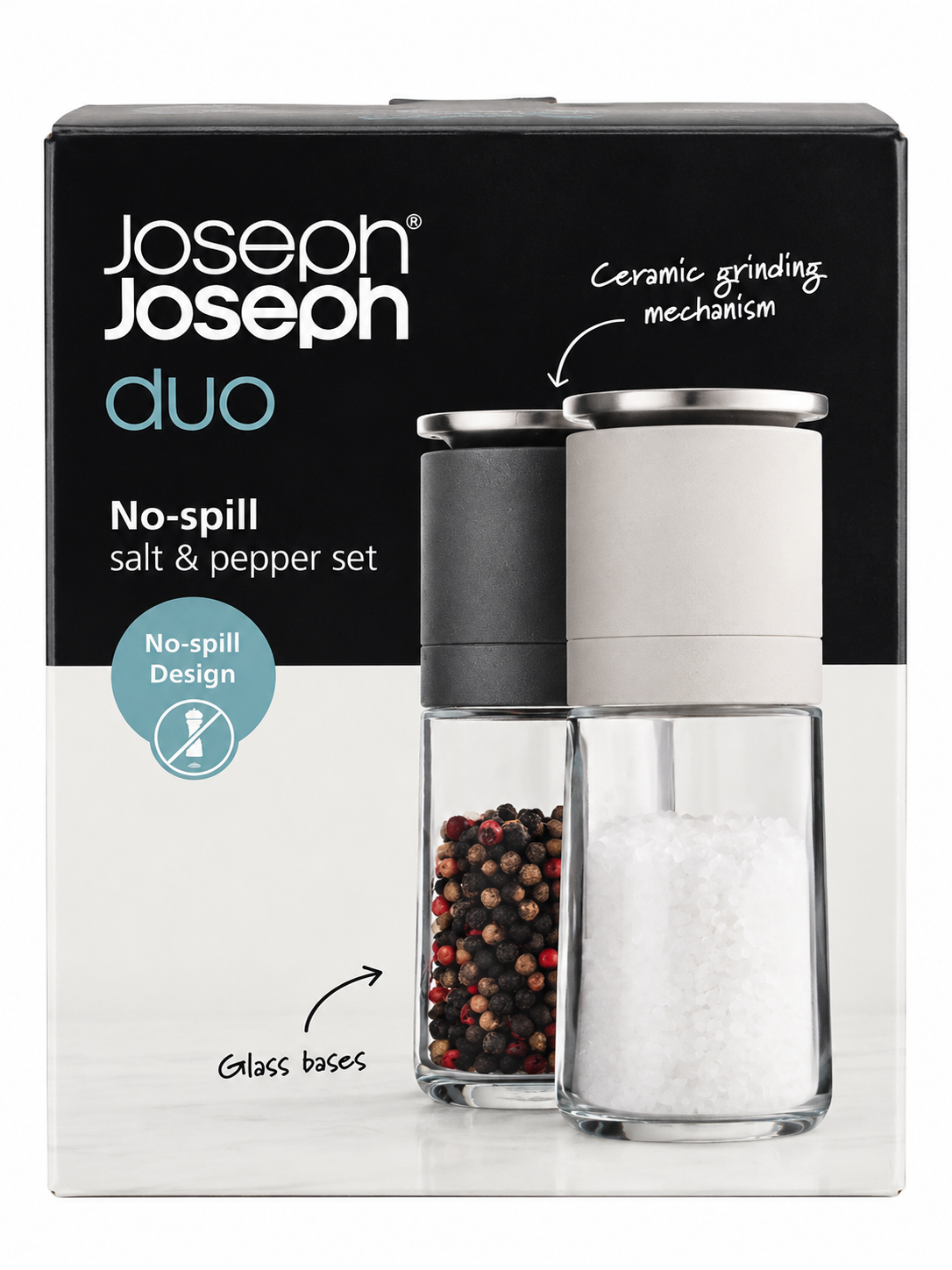 Joseph Joseph Duo No-Spill Salt & Pepper Mill Set, Glass & Ceramic