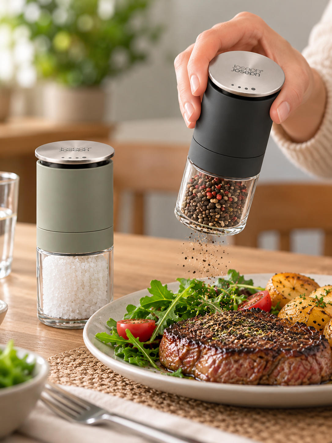 Joseph Joseph Duo No-Spill Salt & Pepper Mill Set, Glass & Ceramic