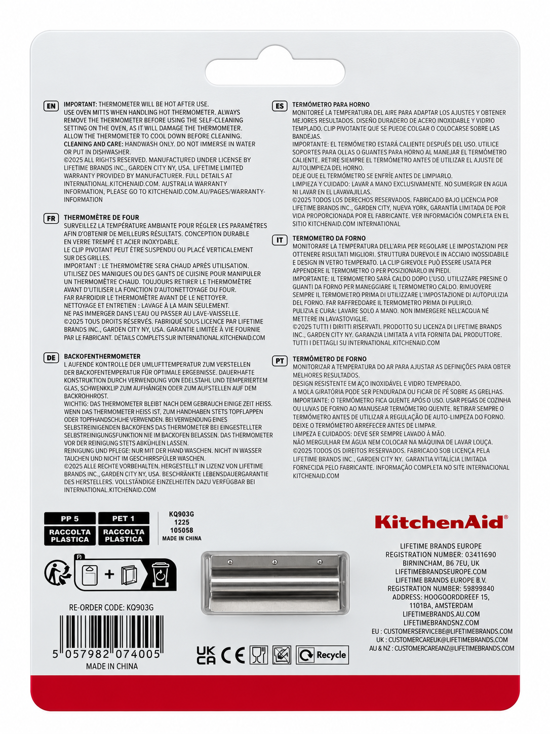 KitchenAid Stainless Steel Oven Thermometer, 40°C to 320°C, KQ903G