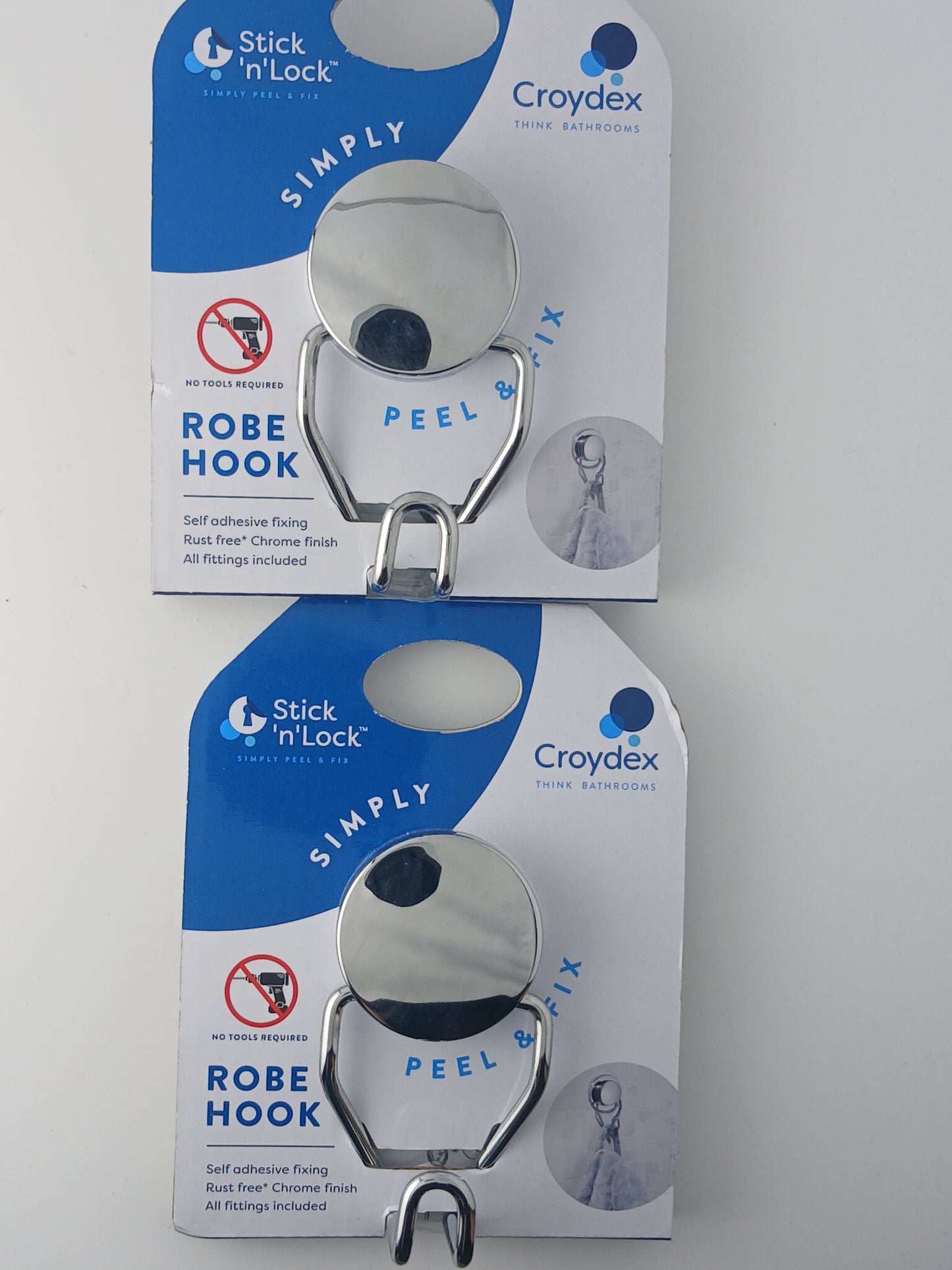 Croydex Adhesive Robe Hook Twin Pack, Stick 'N' Lock, Chrome