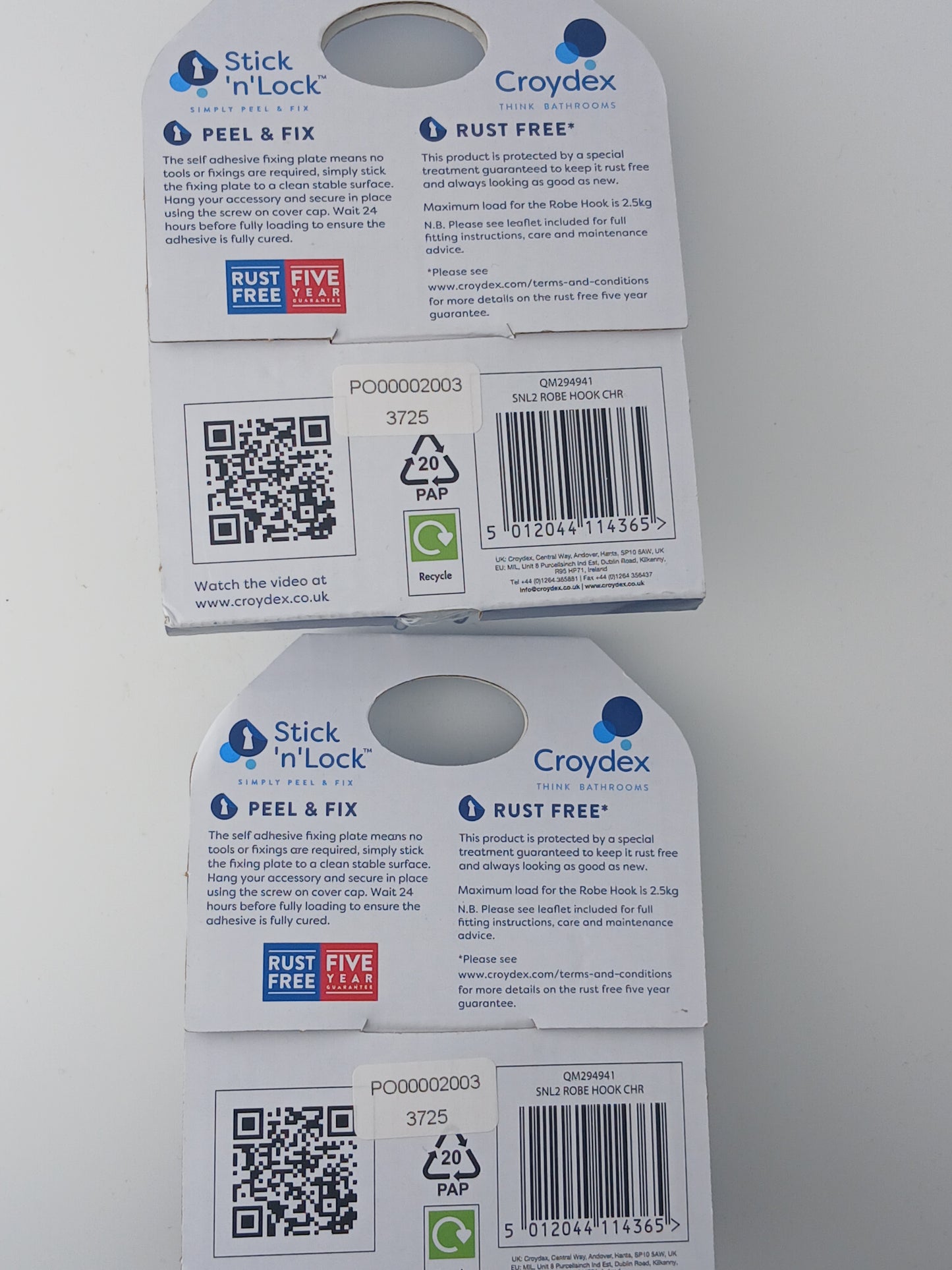 Croydex Adhesive Robe Hook Twin Pack, Stick 'N' Lock, Chrome