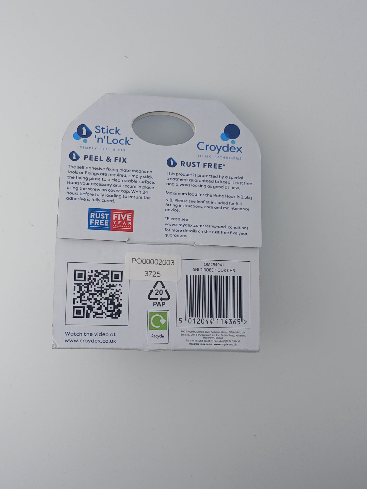 Croydex Adhesive Robe Hook Twin Pack, Stick 'N' Lock, Chrome