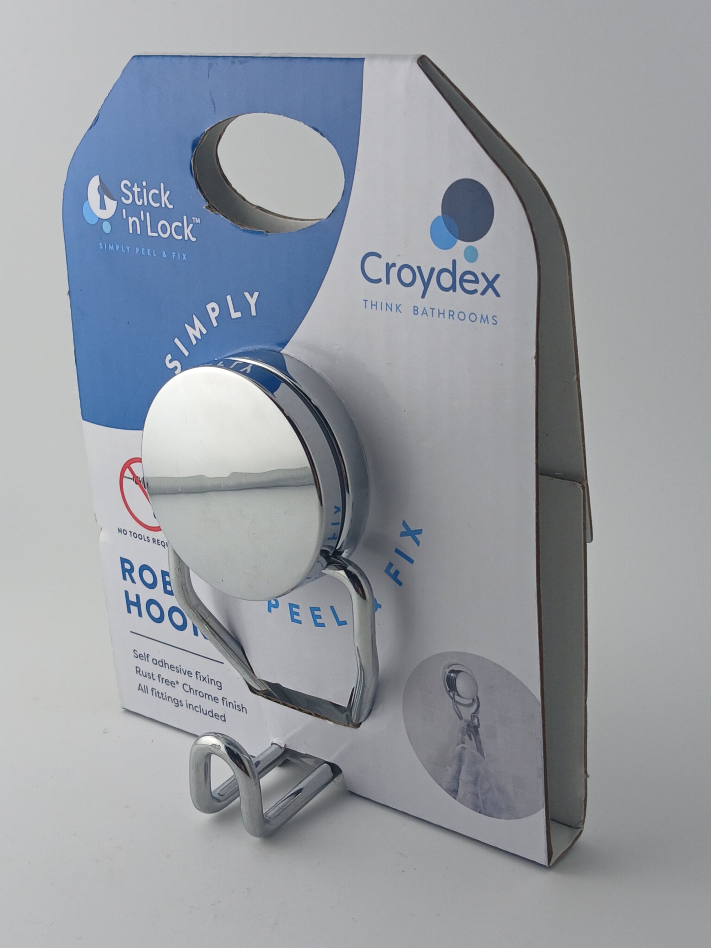 Croydex Adhesive Robe Hook Twin Pack, Stick 'N' Lock, Chrome