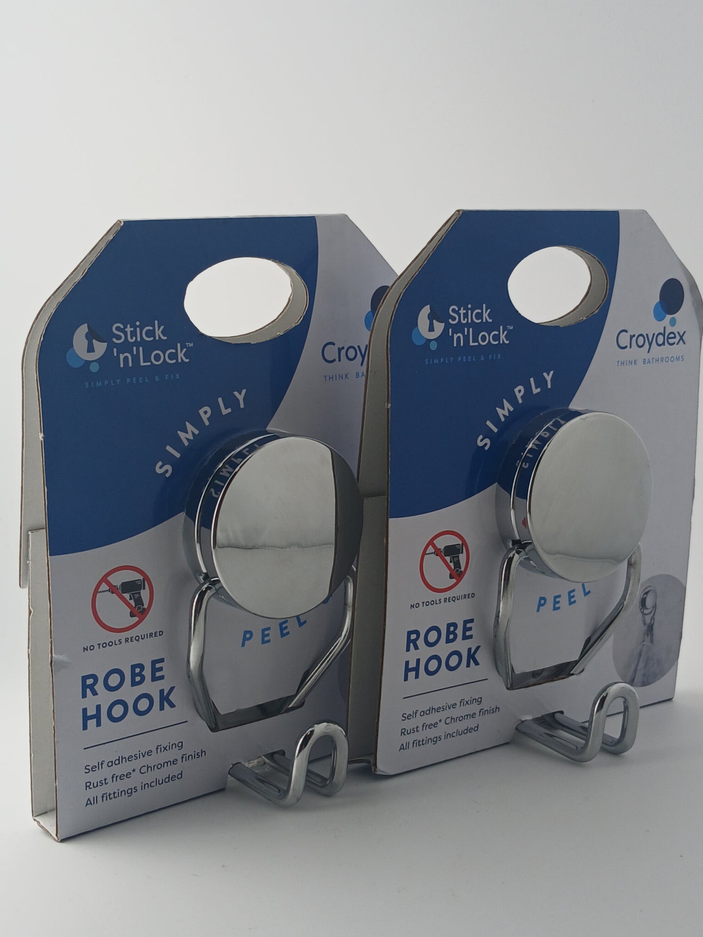 Croydex Adhesive Robe Hook Twin Pack, Stick 'N' Lock, Chrome