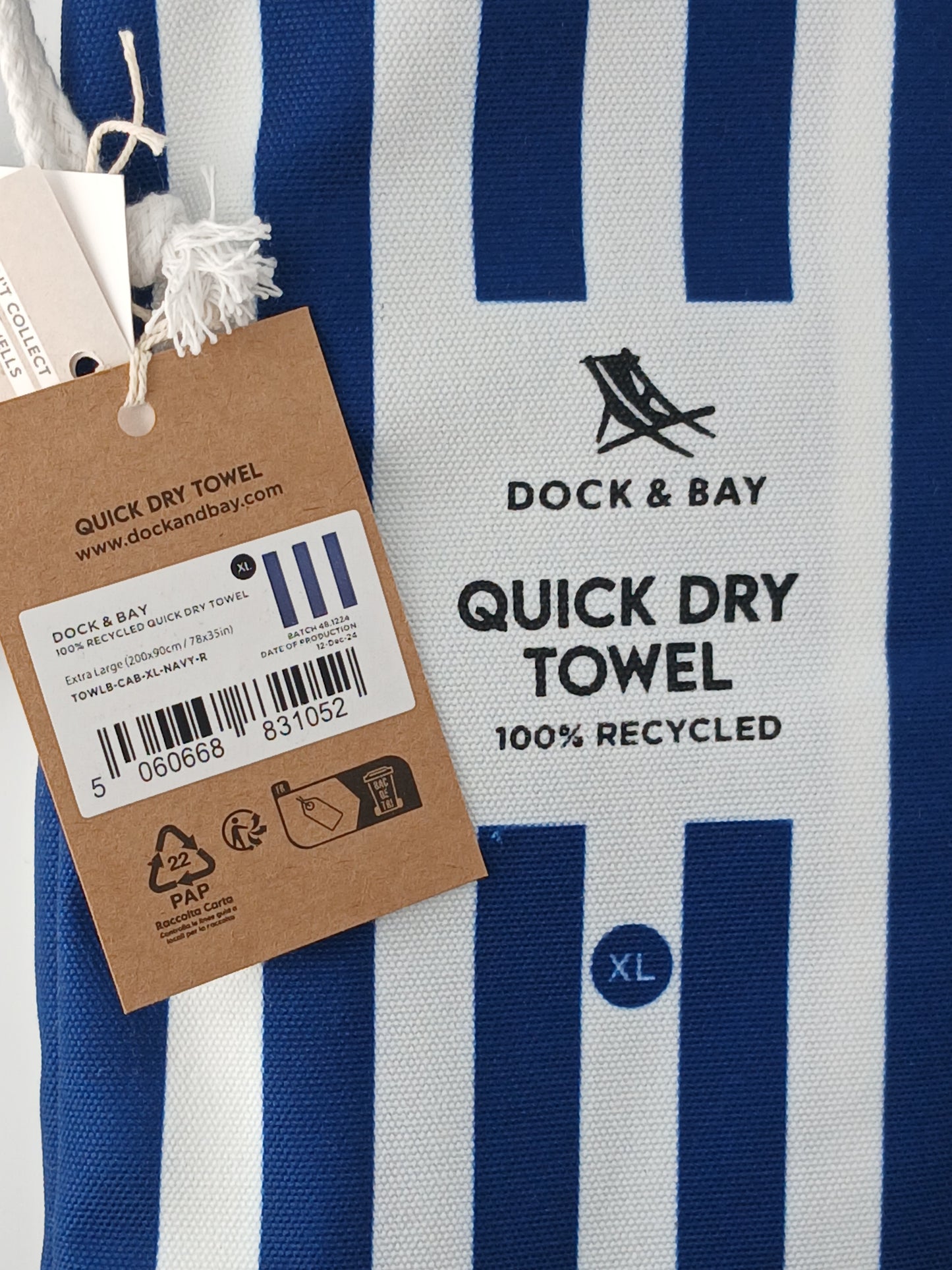 Dock & Bay Quick Dry Beach Towel, XL, Whitsunday Blue White Stripes