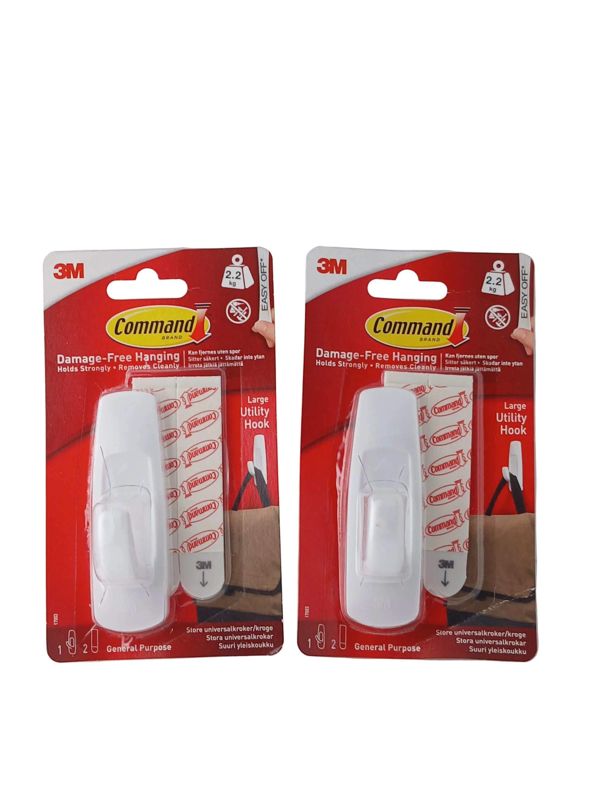 Department Store UK 3M Command large white utility hooks in original packaging, pack of two for damage-free hanging.