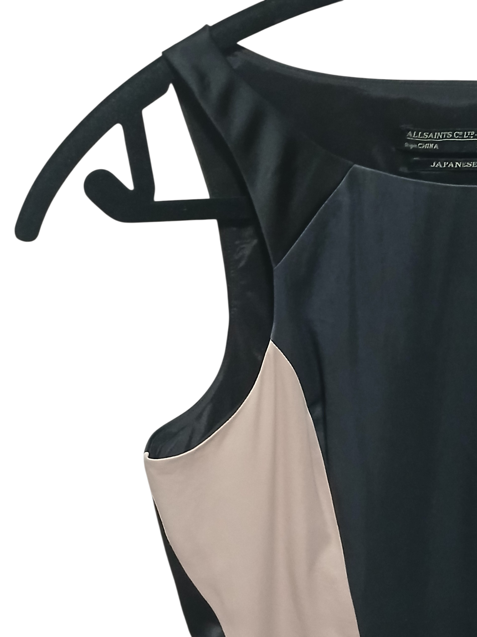 Department Store UK AllSaints Spitalfields sleeveless dress in black and neutral Japanese cloth with panel detailing.