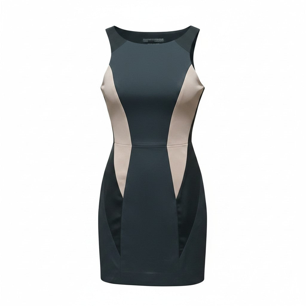 Department Store UK AllSaints Spitalfields sleeveless dress in black and neutral colour-block Japanese cloth.