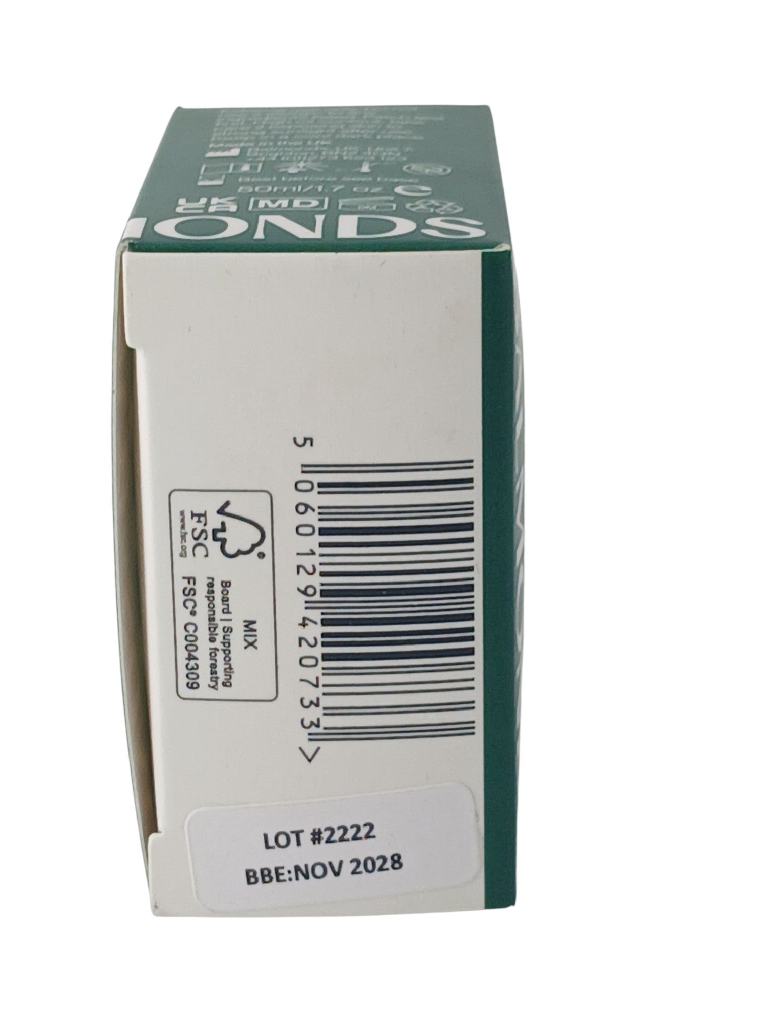 Department Store UK Balmonds Skin Salvation balm packaging side view showing barcode and expiry date information