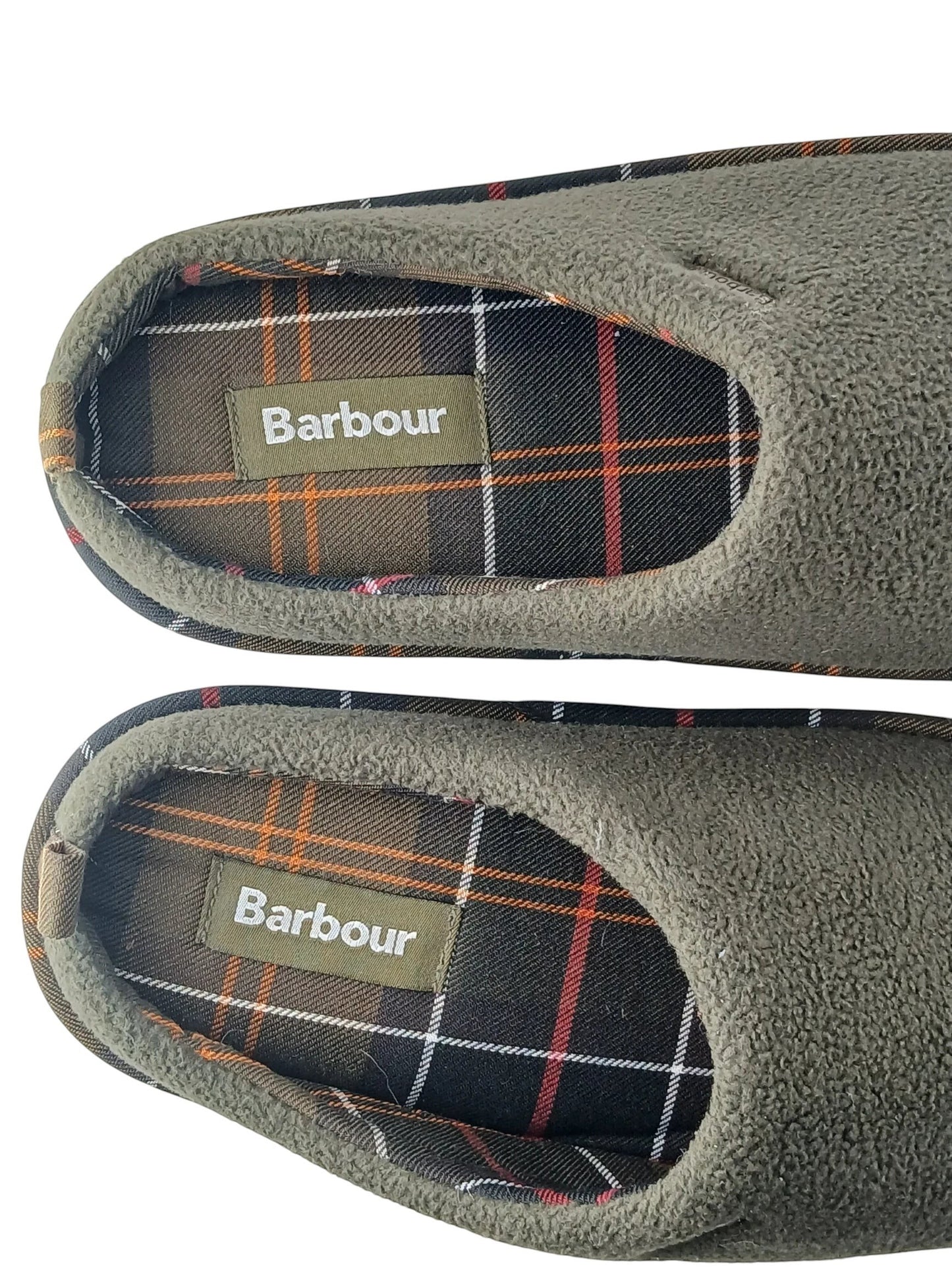 Department Store UK Barbour olive green fleece mule slippers with signature tartan interior lining and logo label