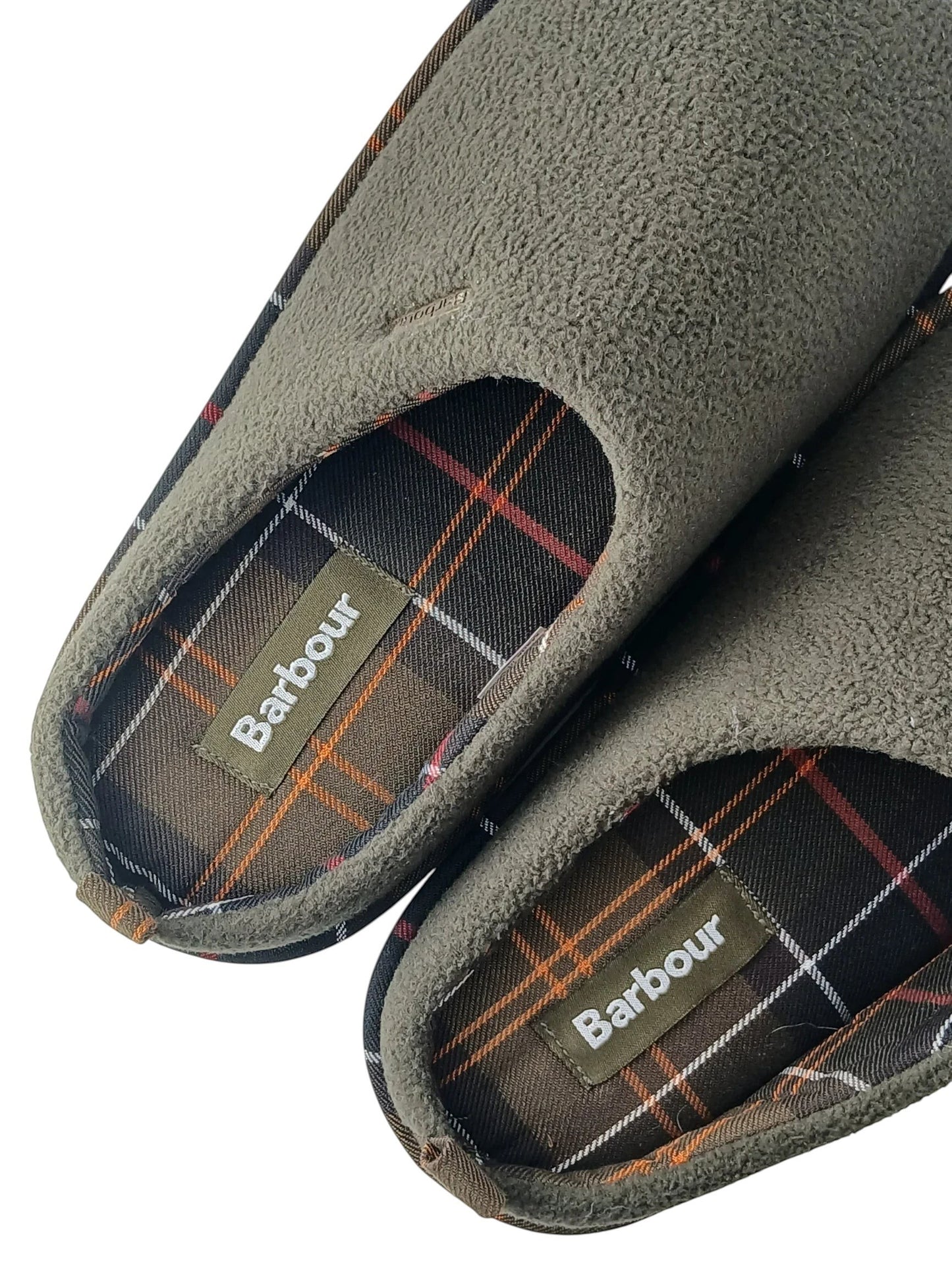 Department Store UK Barbour olive green fleece mule slippers with signature tartan lining and branded footbed