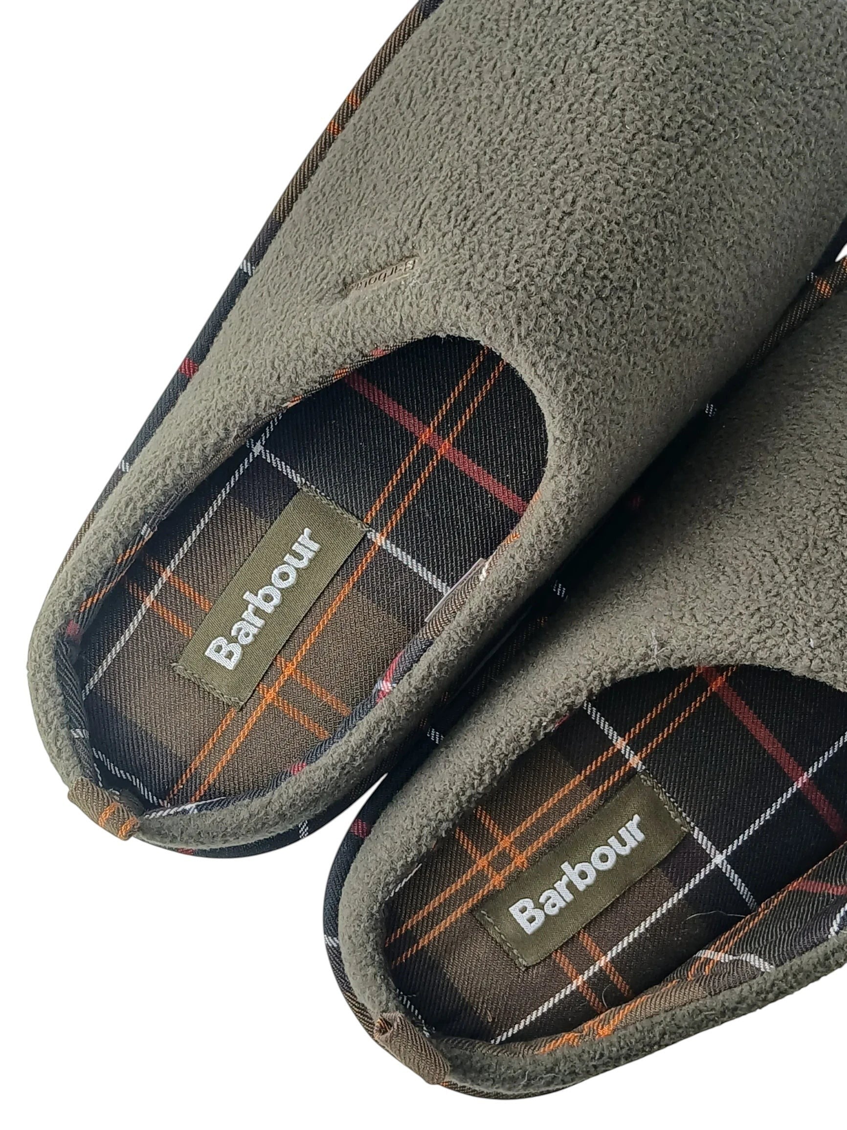 Department Store UK Barbour olive green fleece mule slippers with signature tartan lining and branded footbed