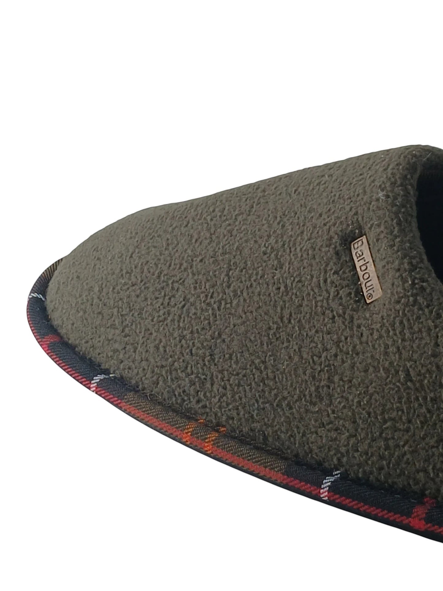 Department Store UK Barbour olive green fleece mule slippers with signature tartan trim and metal logo badge