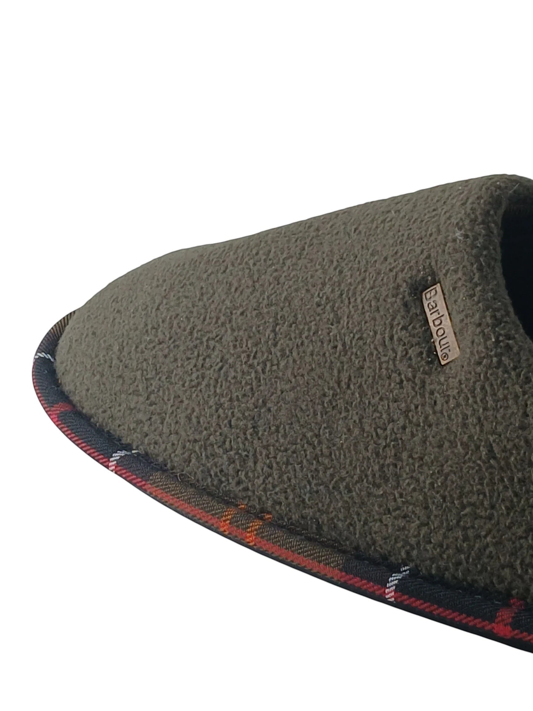 Department Store UK Barbour olive green fleece mule slippers with signature tartan trim and metal logo badge