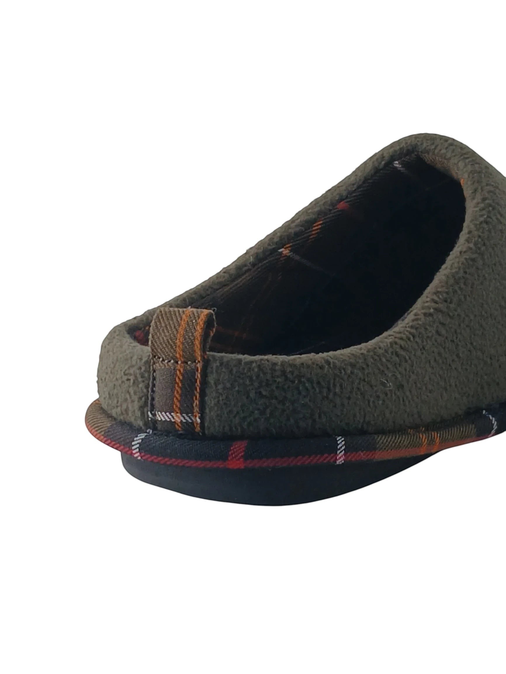 Department Store UK Barbour olive green fleece mule slippers with signature tartan lining and heel pull tab