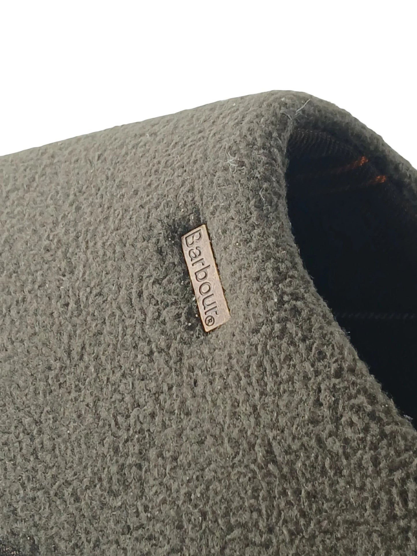 Department Store UK Barbour olive green fleece mule slipper with a metal logo plaque and tartan interior lining