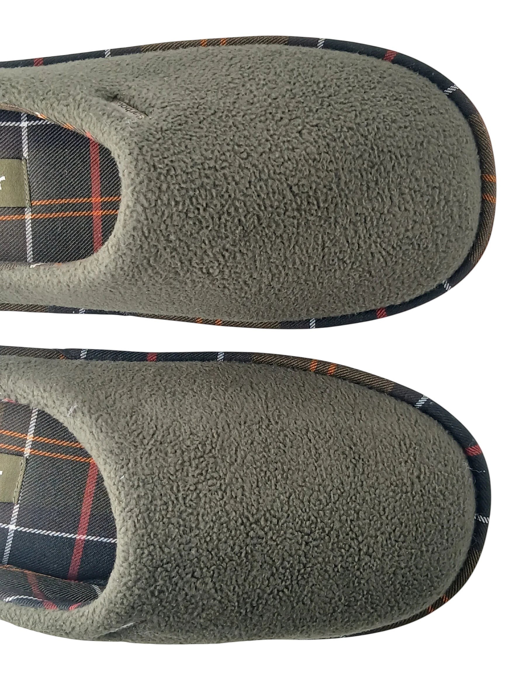 Department Store UK Barbour olive green fleece mule slippers with signature tartan lining and metal logo plaque