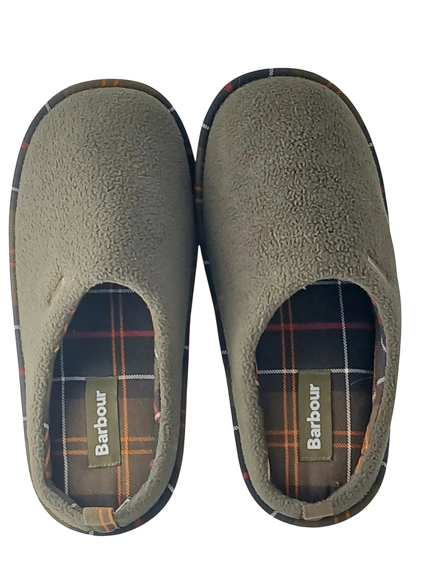 Department Store UK Barbour olive green fleece mule slippers with signature tartan lining and rubber soles.