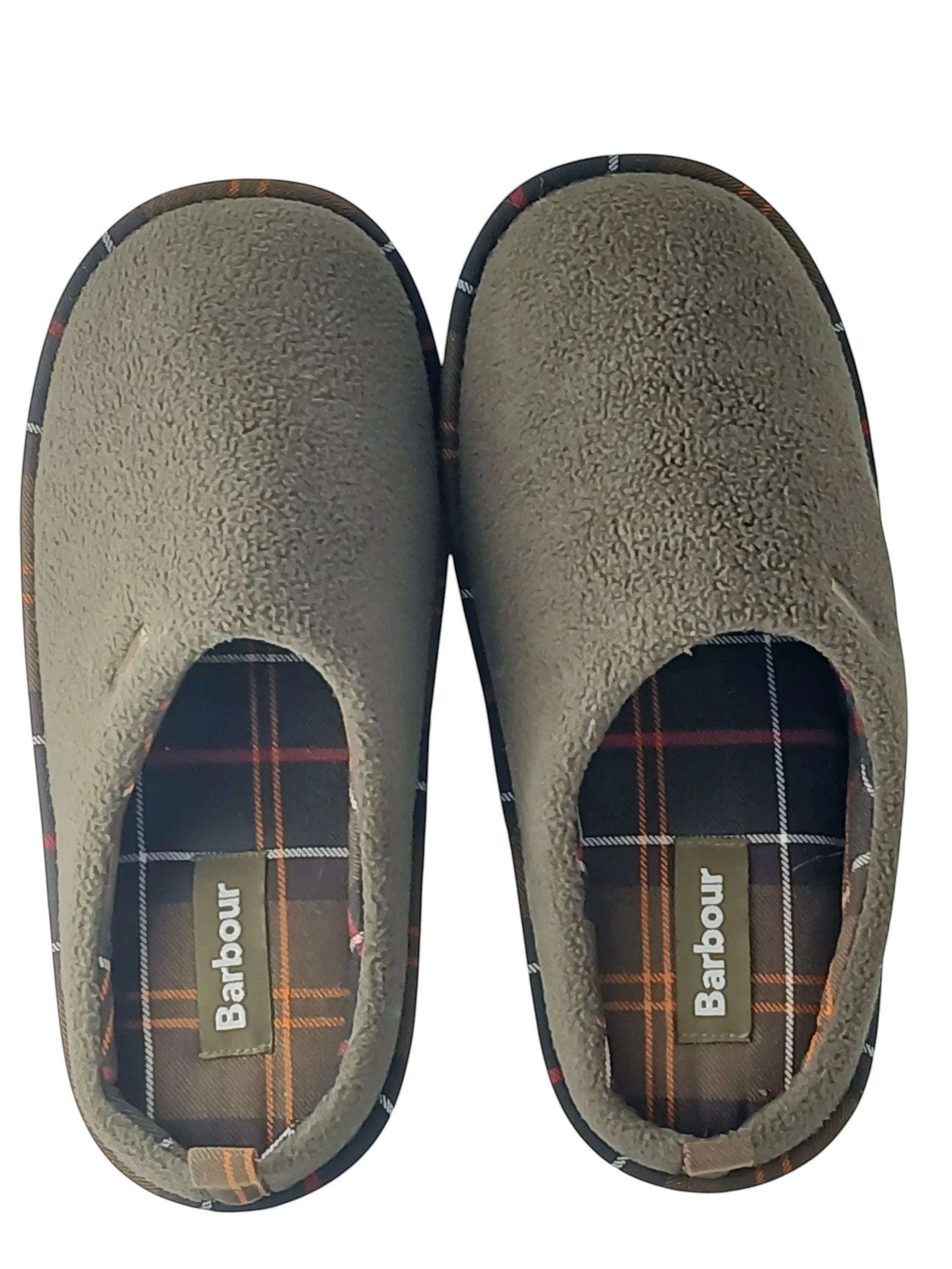 Department Store UK Barbour olive green fleece mule slippers with signature tartan lining and rubber soles.