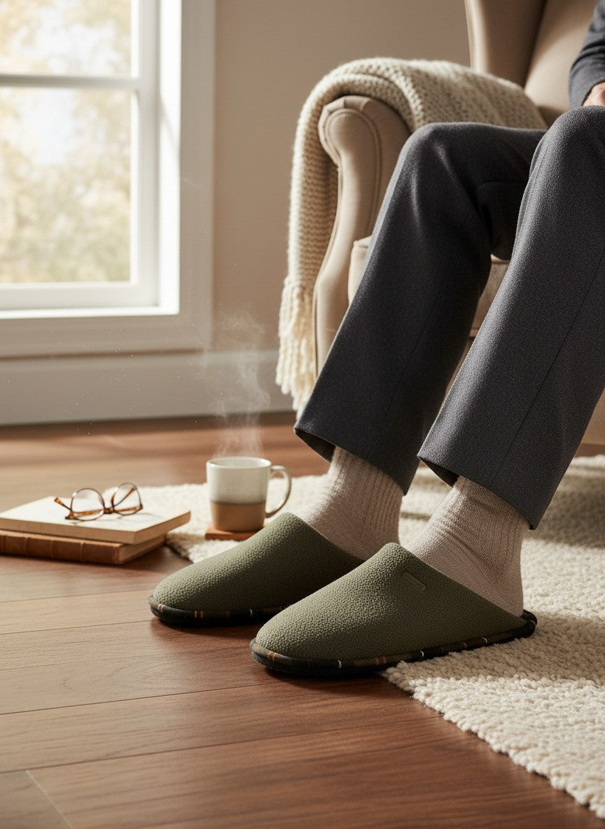 Department Store UK Barbour olive green fleece mule slippers with tartan lining worn by a person in a cozy room
