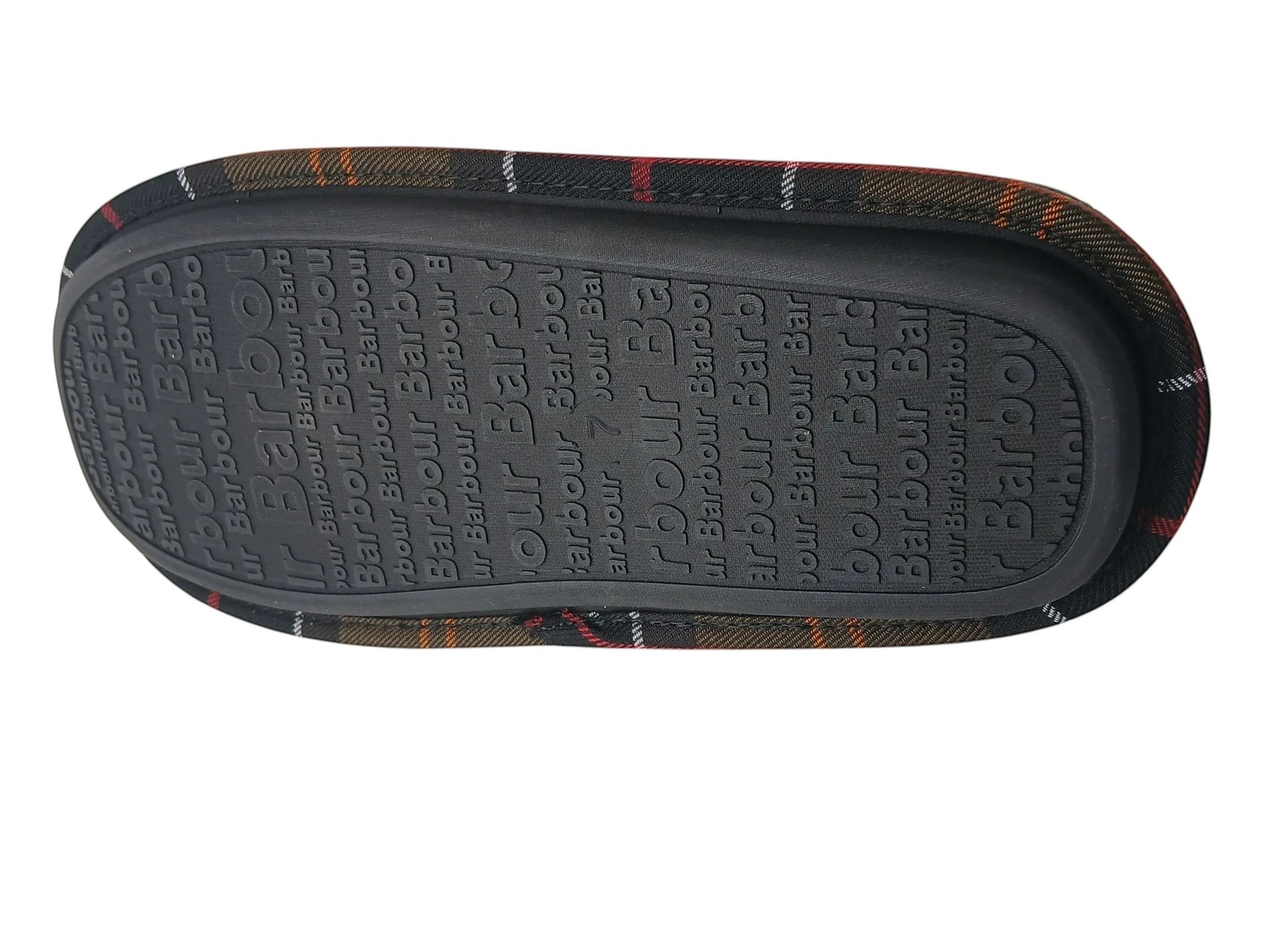 Department Store UK Barbour mule slipper showing the black rubber outsole with embossed logo branding and tartan trim