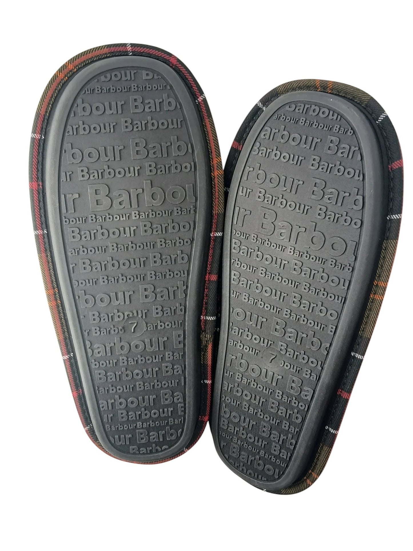 Department Store UK Barbour mule slippers showing the grey rubber outsoles with embossed Barbour branding