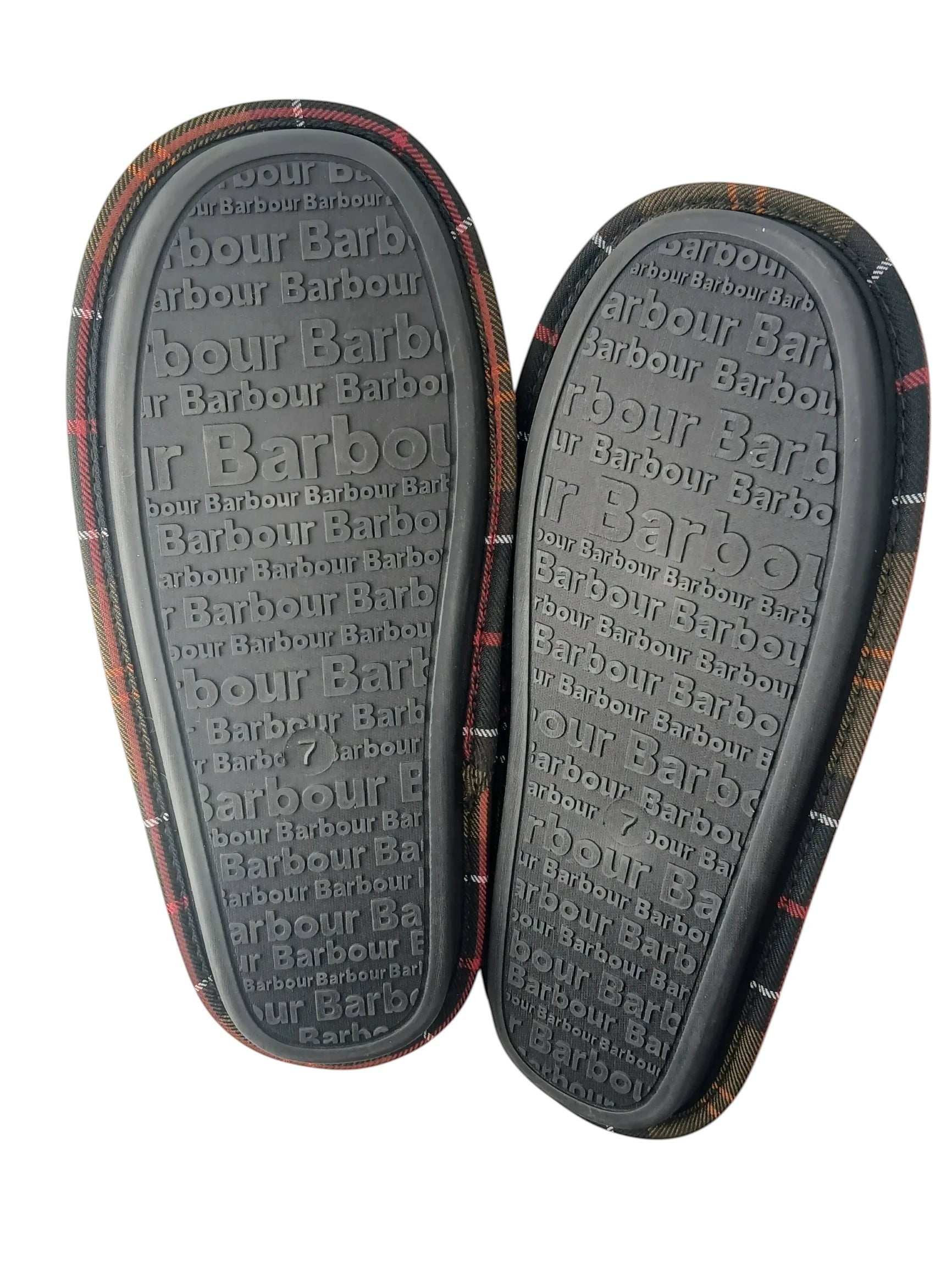 Department Store UK Barbour mule slippers showing the grey rubber outsoles with embossed Barbour branding