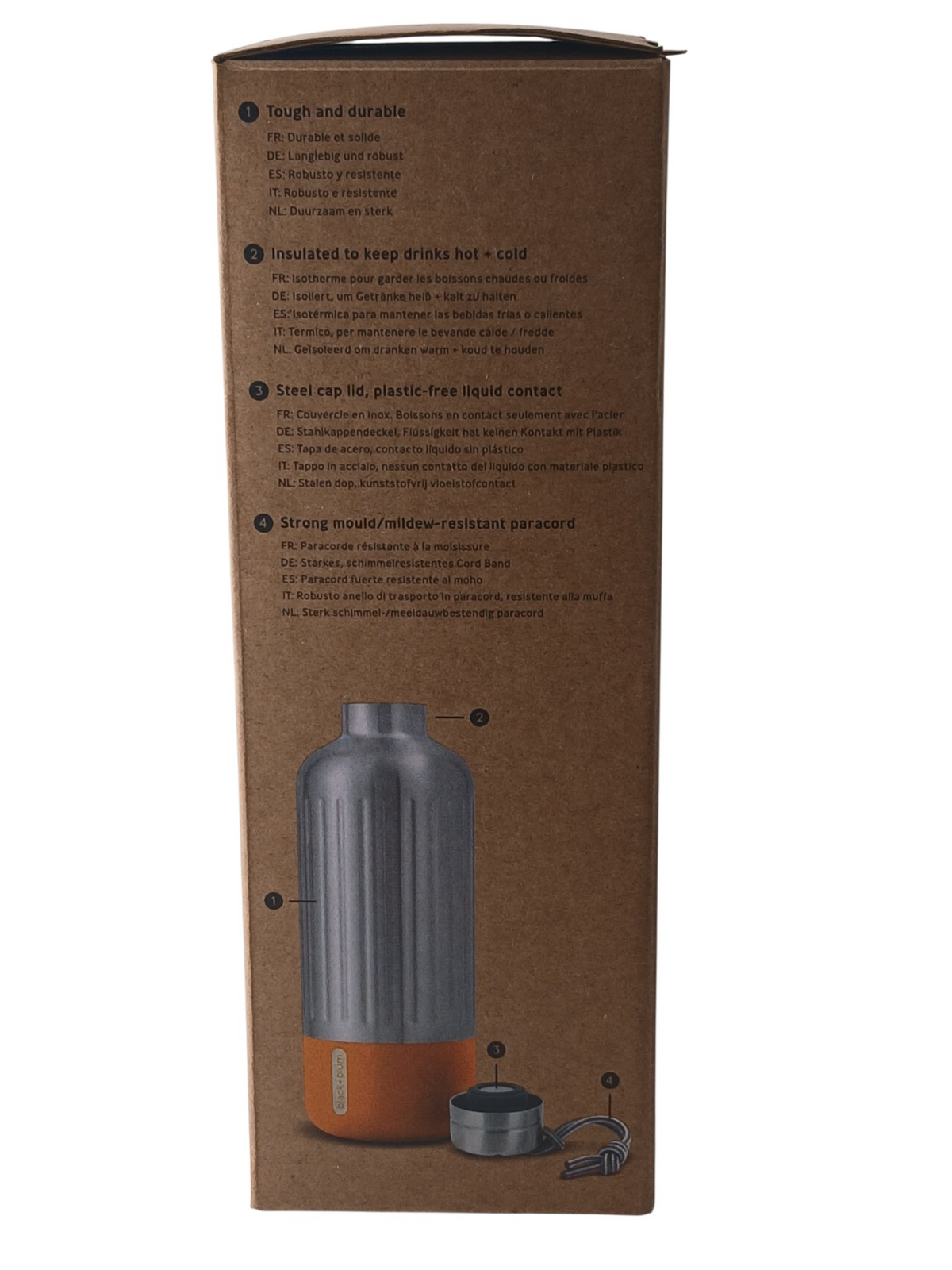 Department Store UK black+blum Explorer insulated bottle packaging showing product features and steel cap design