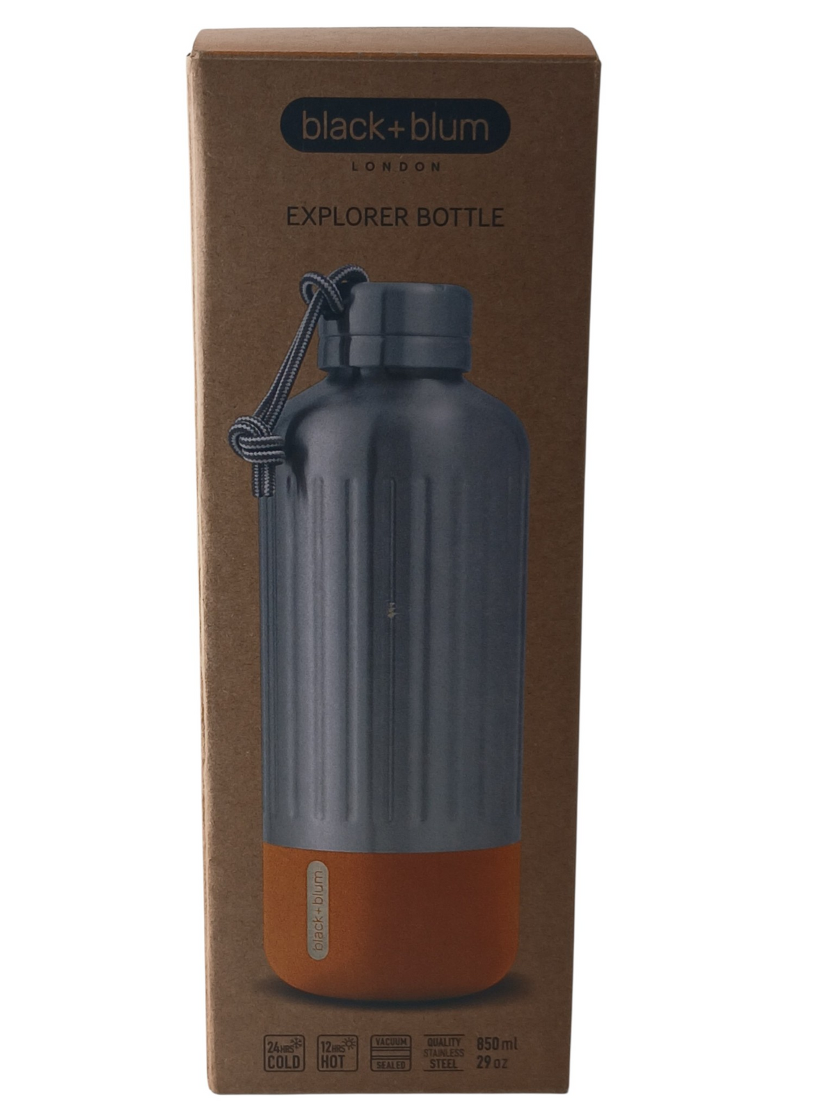 Department Store UK black+blum Explorer insulated stainless steel bottle with orange silicone base and paracord loop