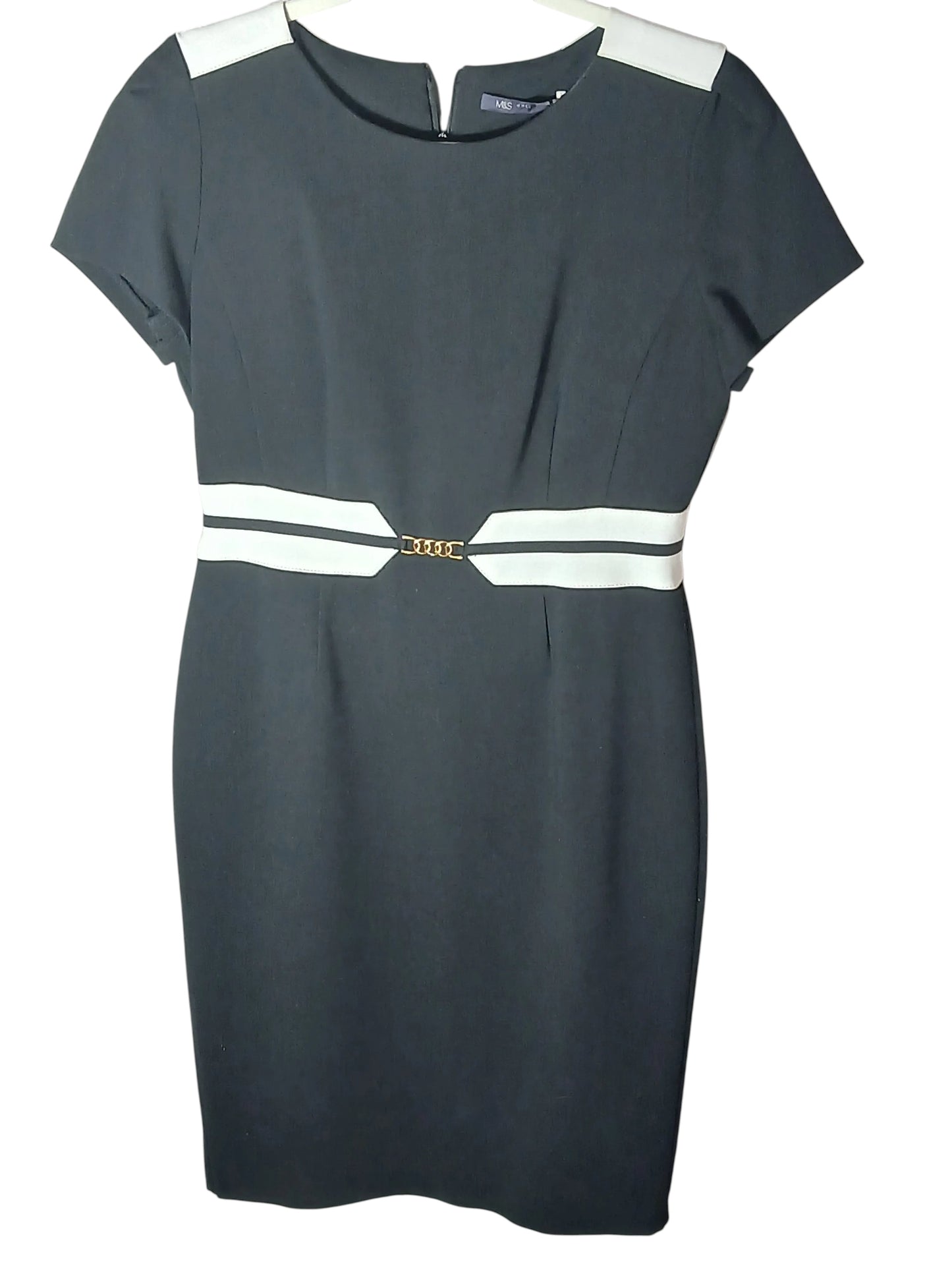Department Store UK M&S black knee-length pencil dress with white shoulder accents and a gold-tone waist belt detail.