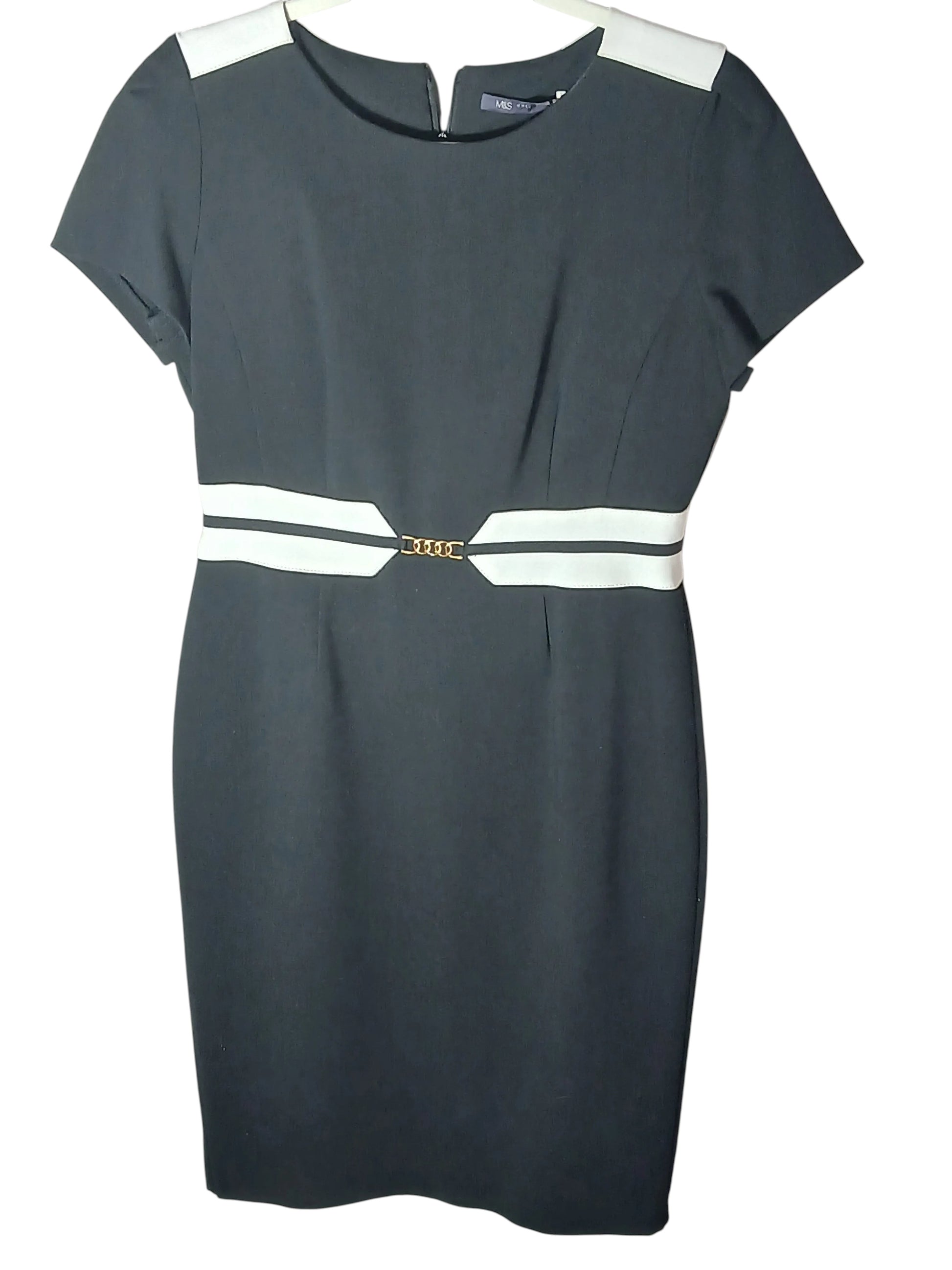 Department Store UK M&S black knee-length pencil dress with white shoulder accents and a gold-tone waist belt detail.