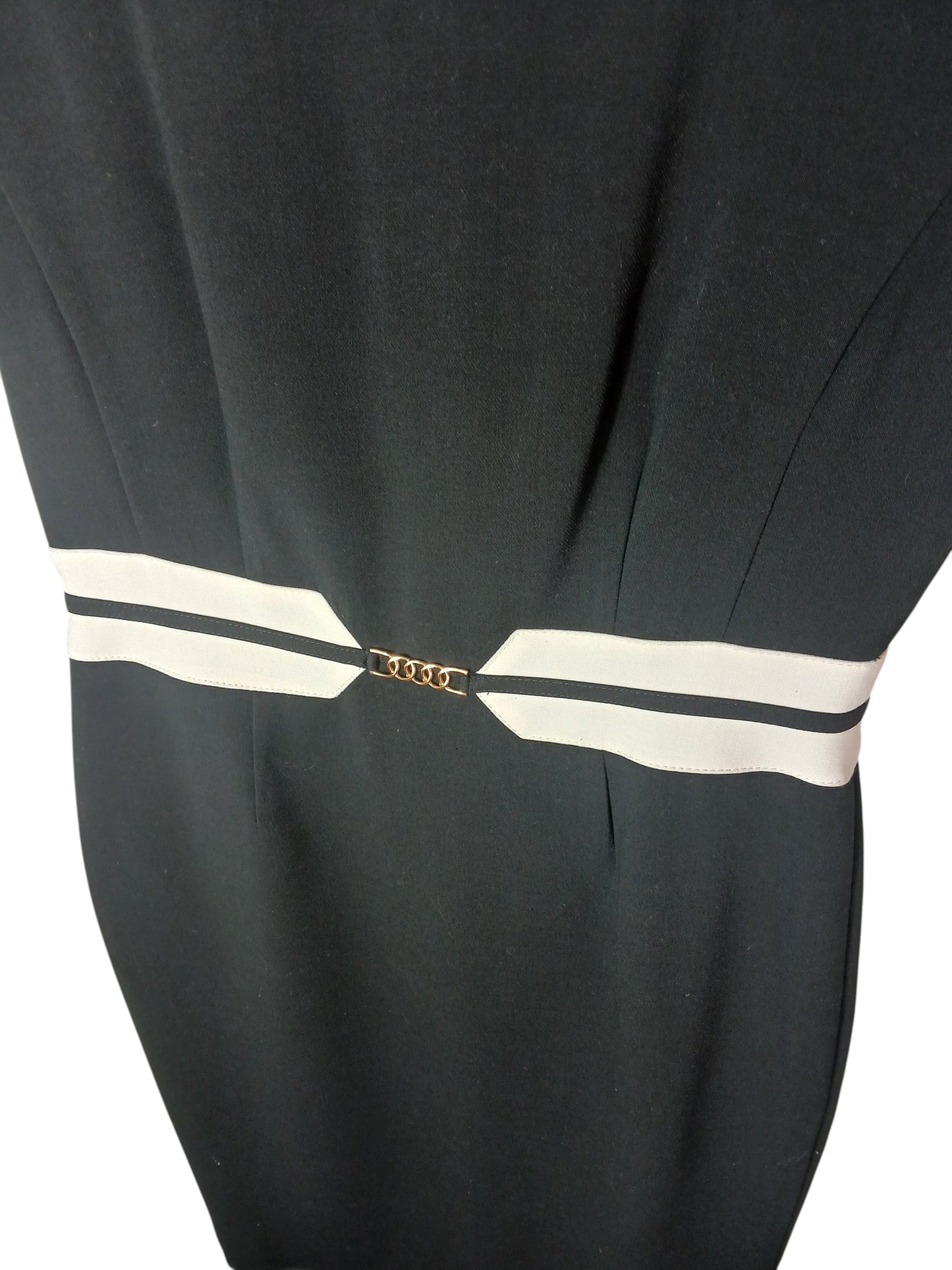 Department Store UK black pencil dress featuring a white waist belt with gold chain detail