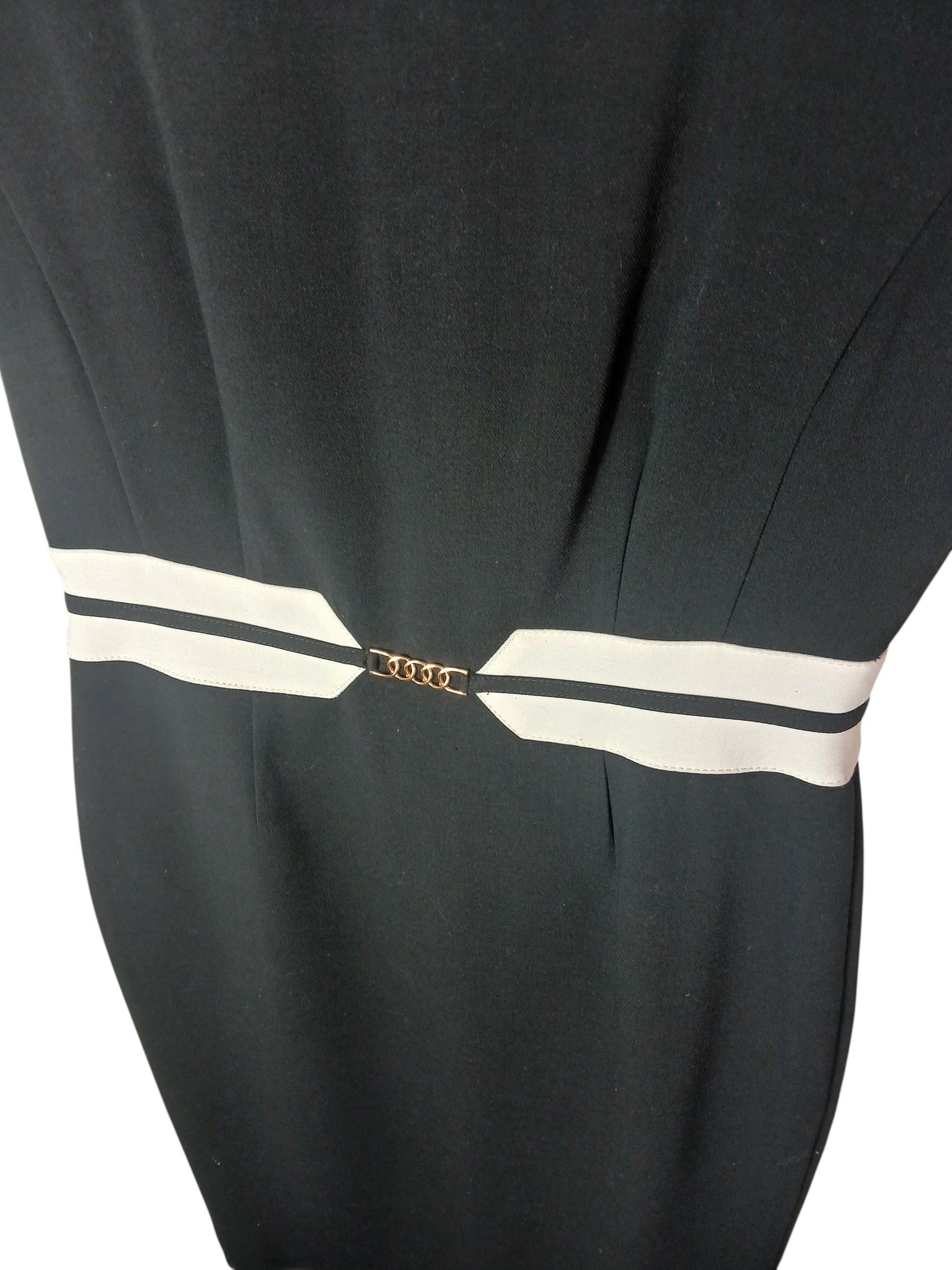 Department Store UK black pencil dress featuring a white waist belt with gold chain detail