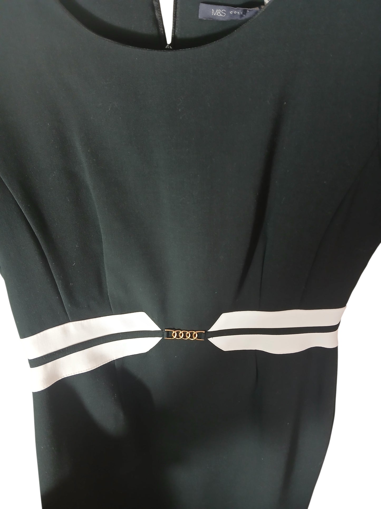 Department Store UK M&S black knee-length pencil dress featuring a white waist belt detail with gold hardware.