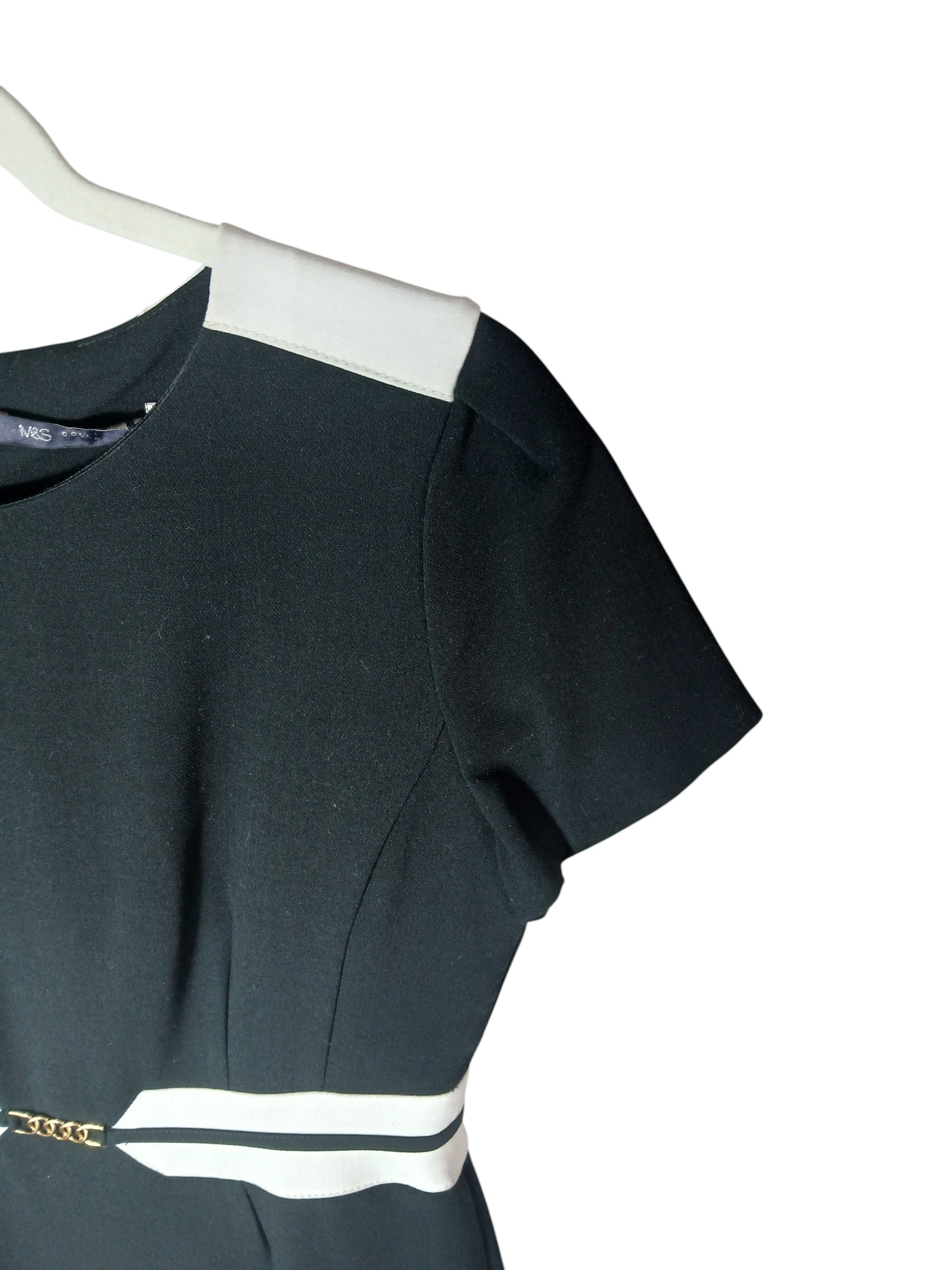 Department Store UK M&S black pencil dress featuring white shoulder and waist belt detailing, knee-length workwear style.