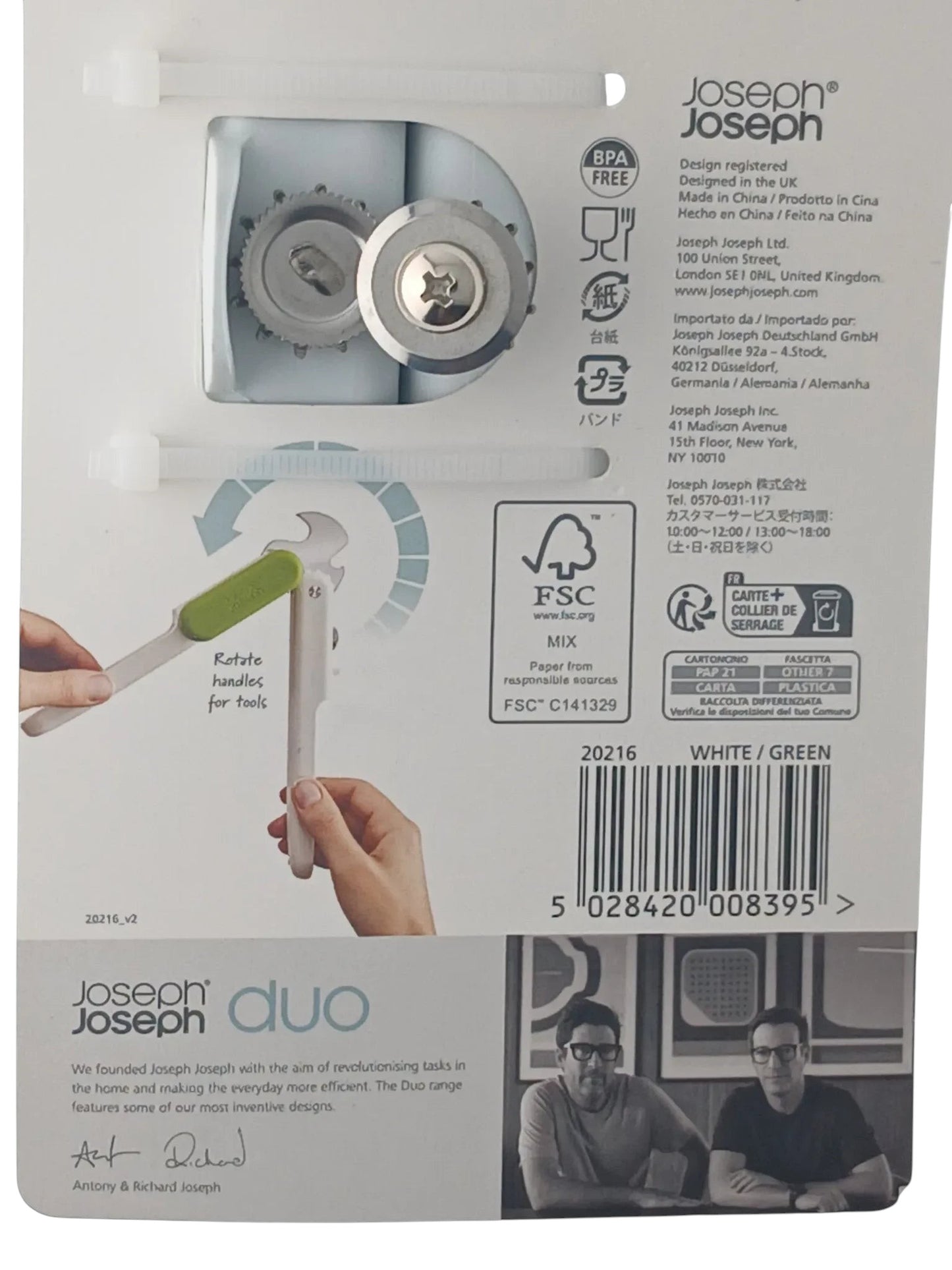 Department Store UK Joseph Joseph Duo 3-in-1 can opener packaging back view showing instructions and product details.