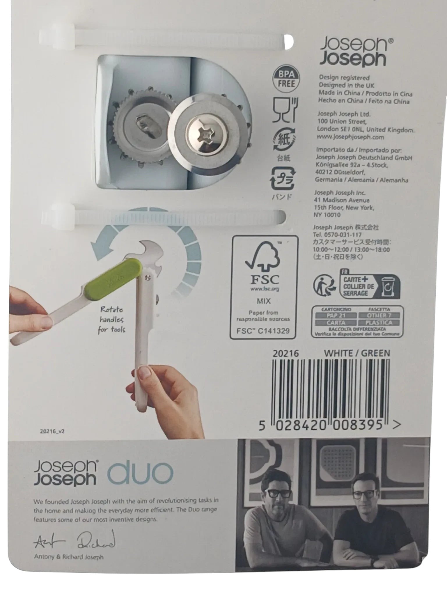 Department Store UK Joseph Joseph Duo 3-in-1 can opener packaging back view showing instructions and product details.