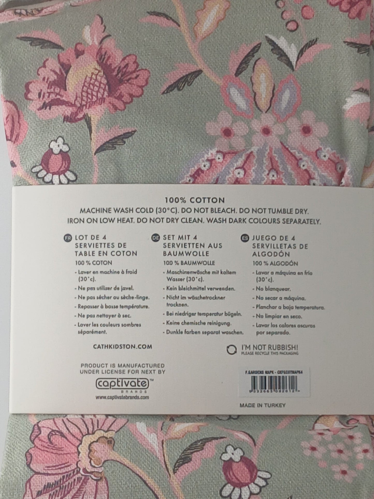 Department Store UK Cath Kidston cotton napkins with vintage pink floral print on a sage green background