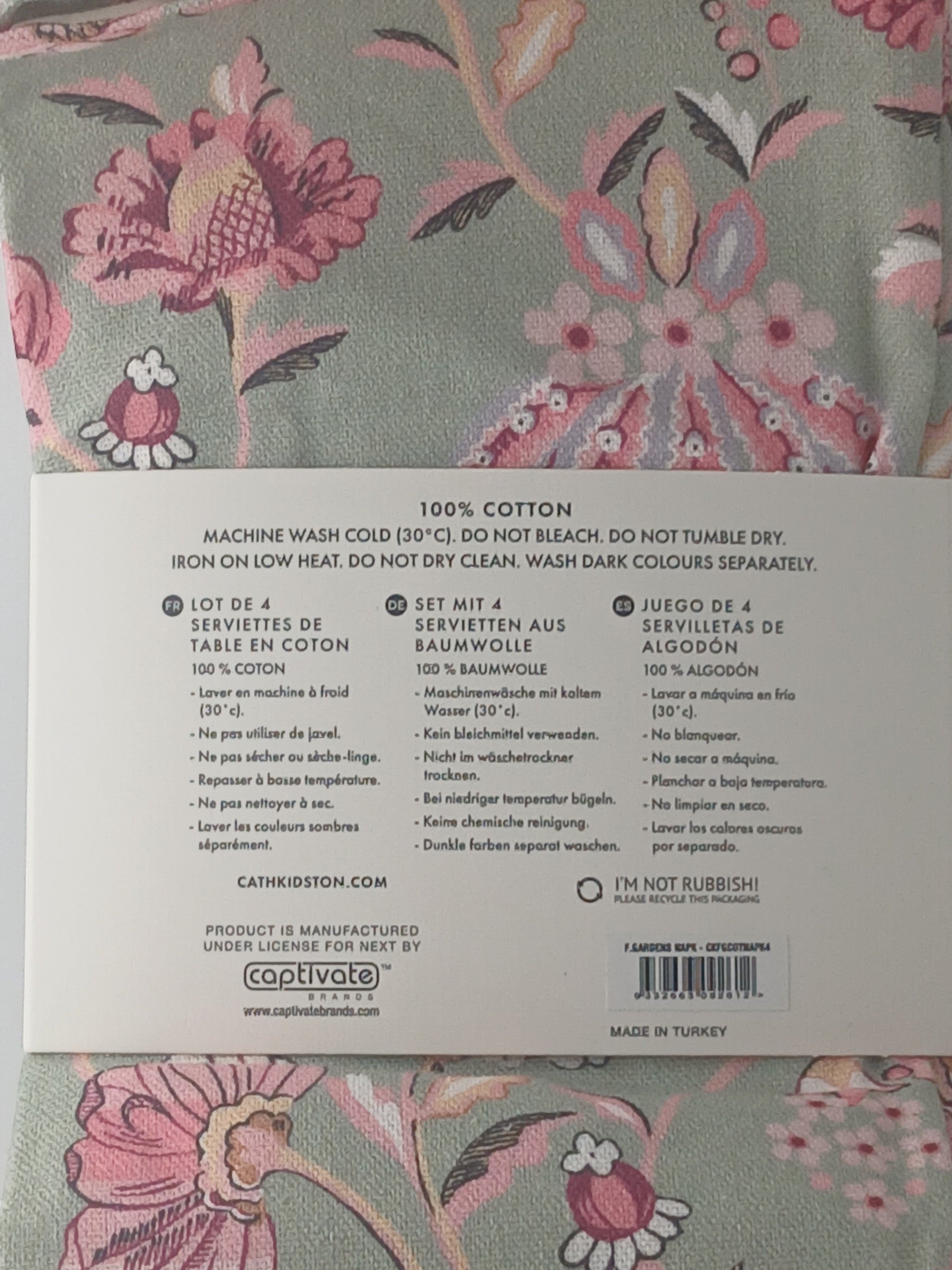 Department Store UK Cath Kidston cotton napkins with vintage pink floral print on a sage green background