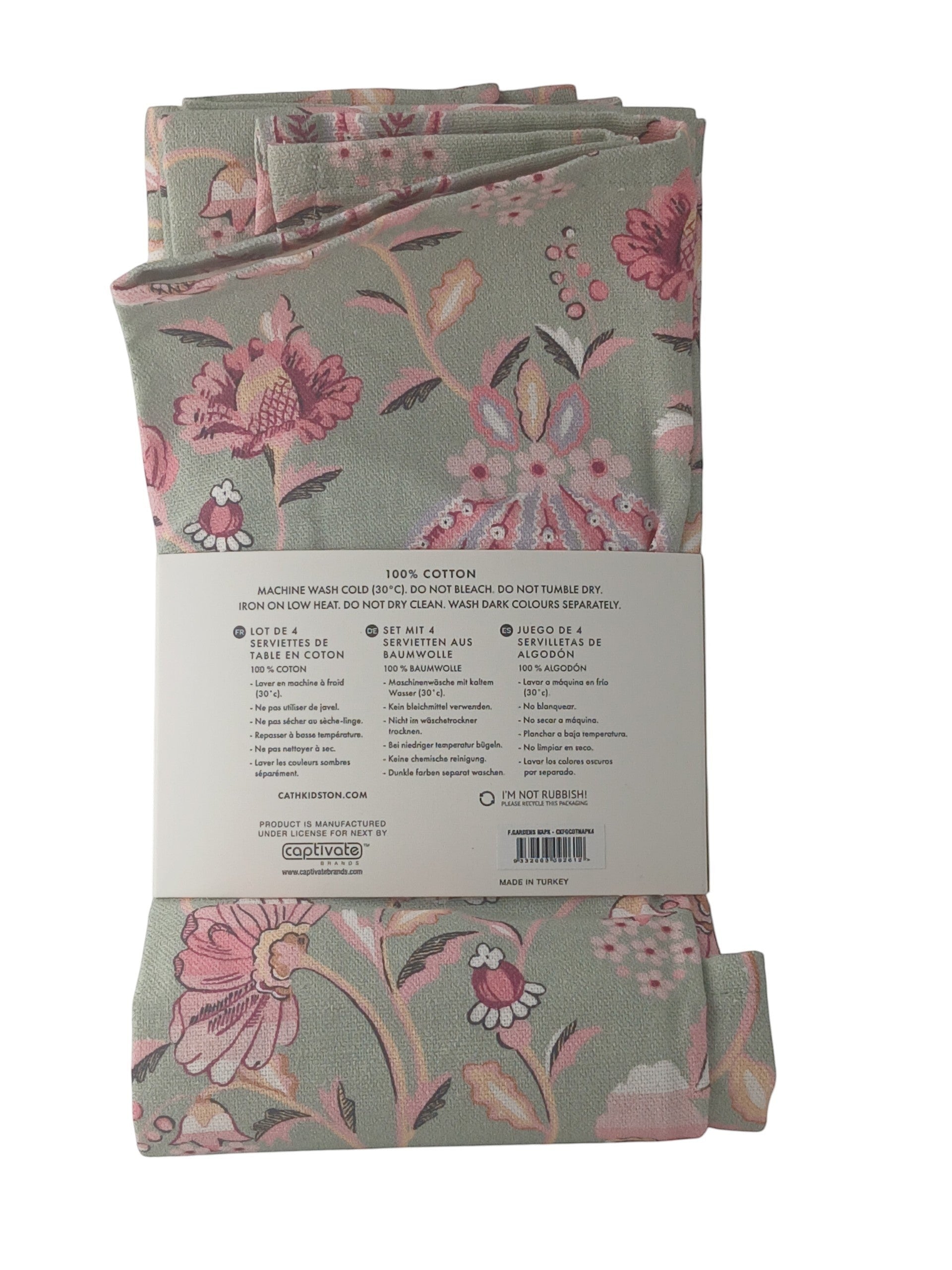 Department Store UK Cath Kidston cotton napkins in sage green with pink floral print, set of four folded napkins.