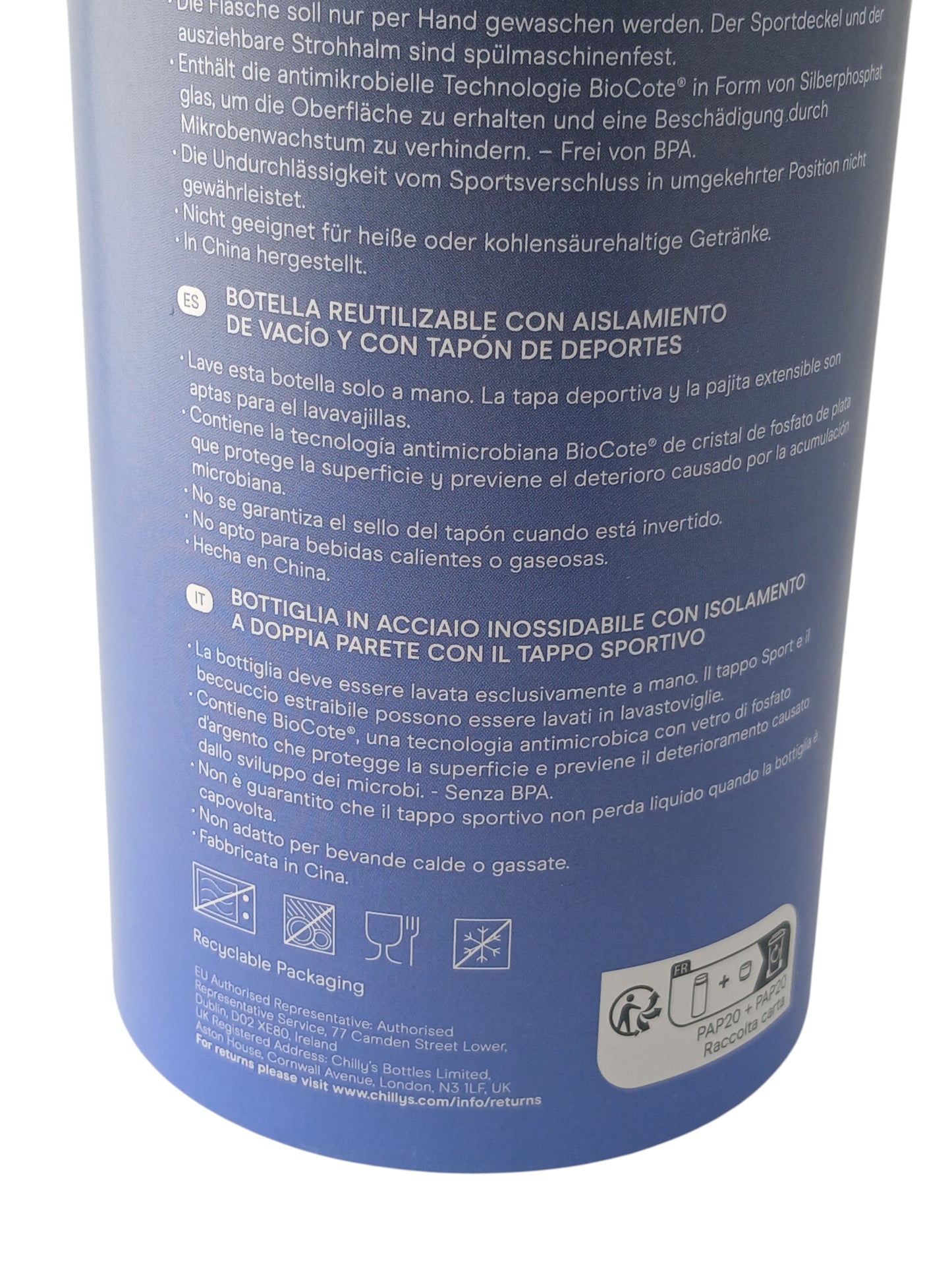 Department Store UK Chilly's Series 2 water bottle base showing product care instructions and recycling symbols