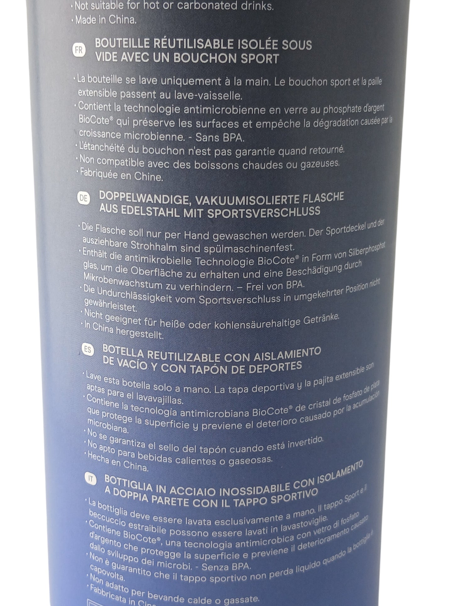 Department Store UK Chilly's Series 2 water bottle product label with multilingual care instructions