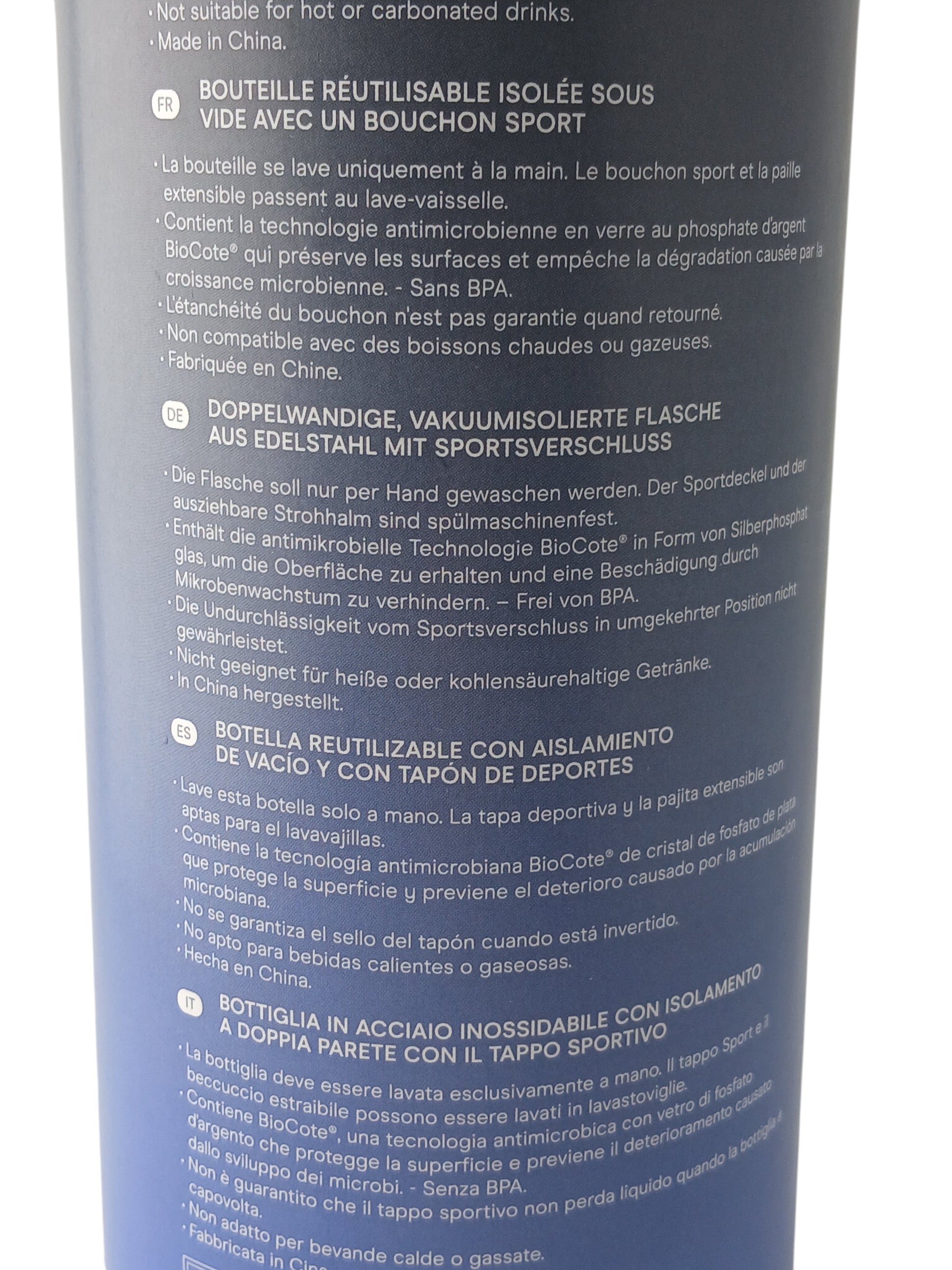 Department Store UK Chilly's Series 2 water bottle product label with multilingual care instructions